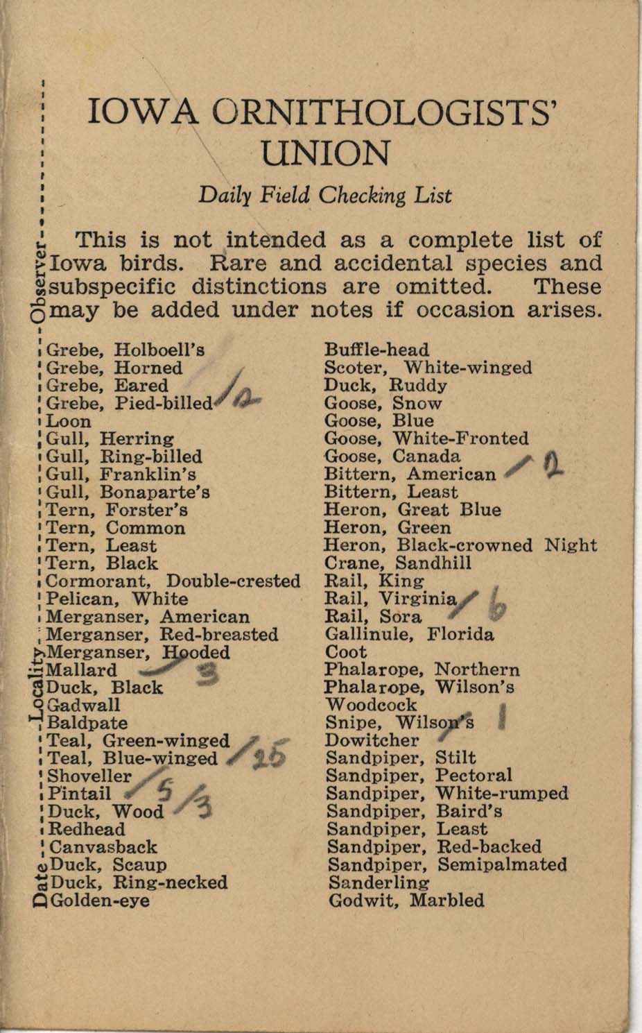 Daily field checking list, Philip DuMont, September 20, 1931