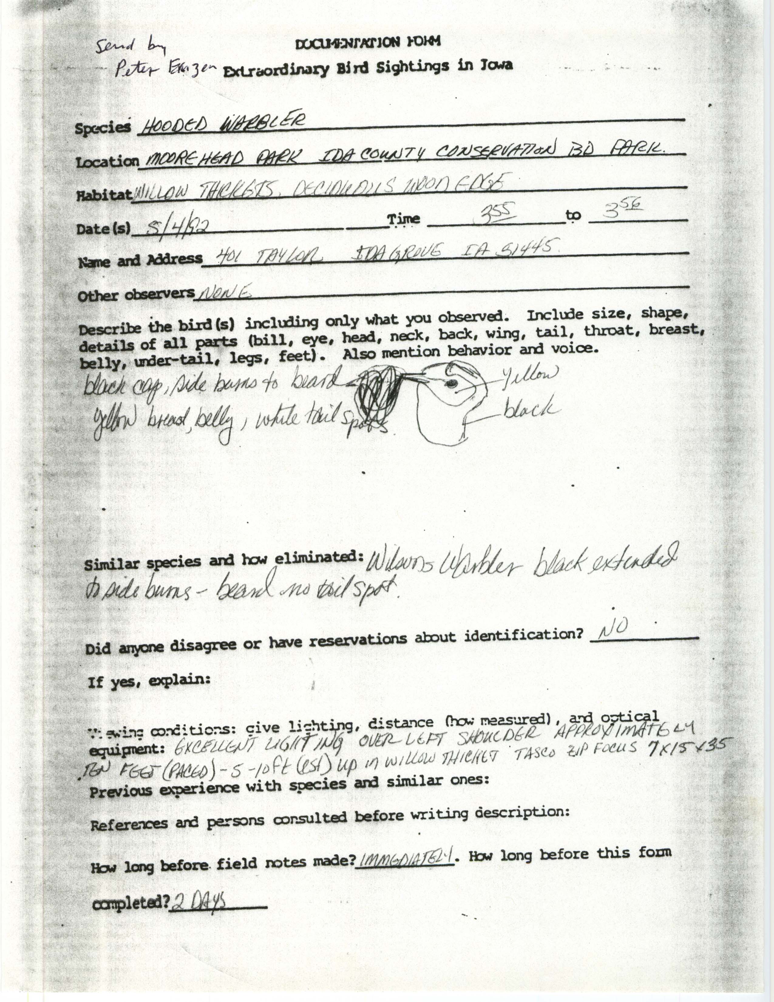Rare bird documentation form for Hooded Warbler at Moorehead Park in 1992