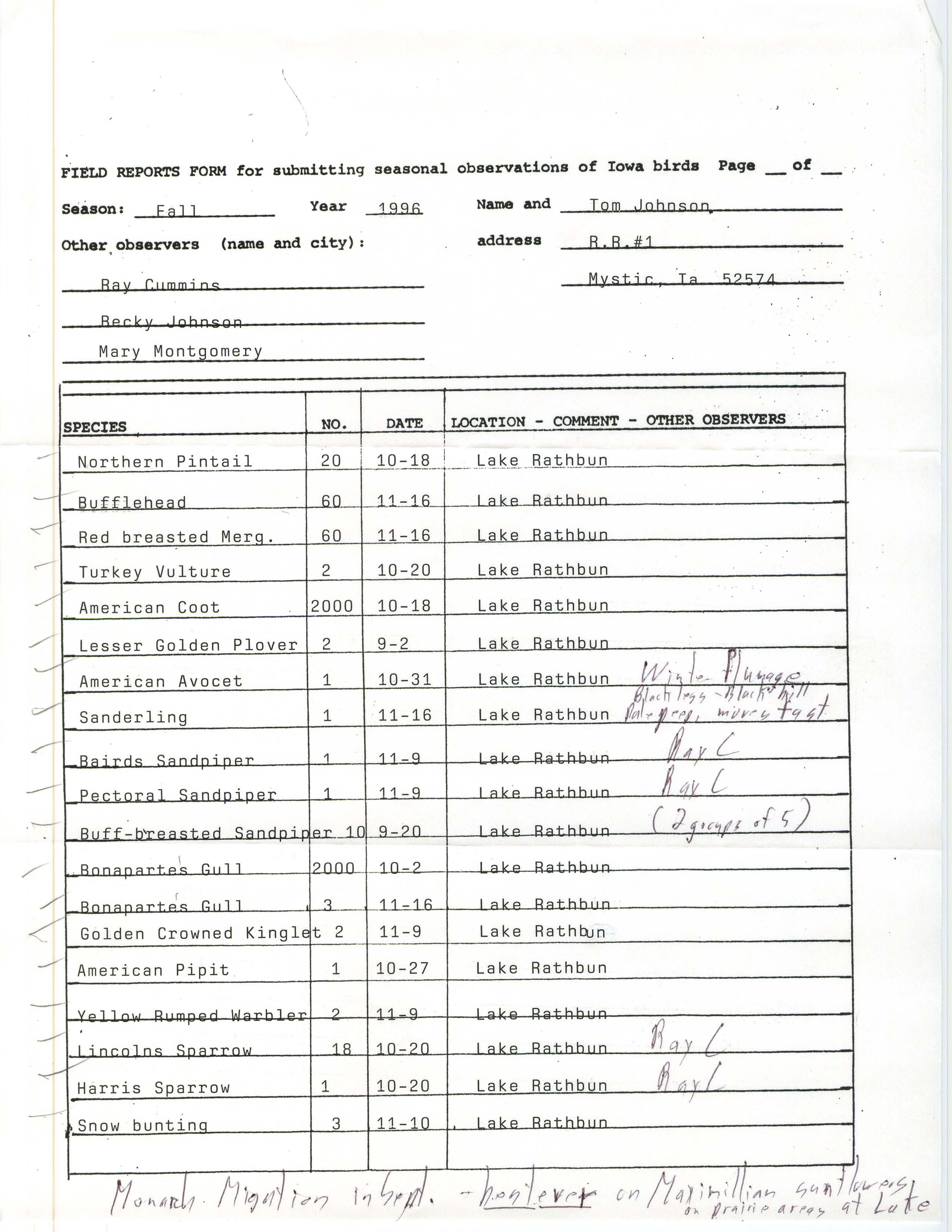 Field reports form for submitting seasonal observations of Iowa birds, Tom Johnson, fall 1996
