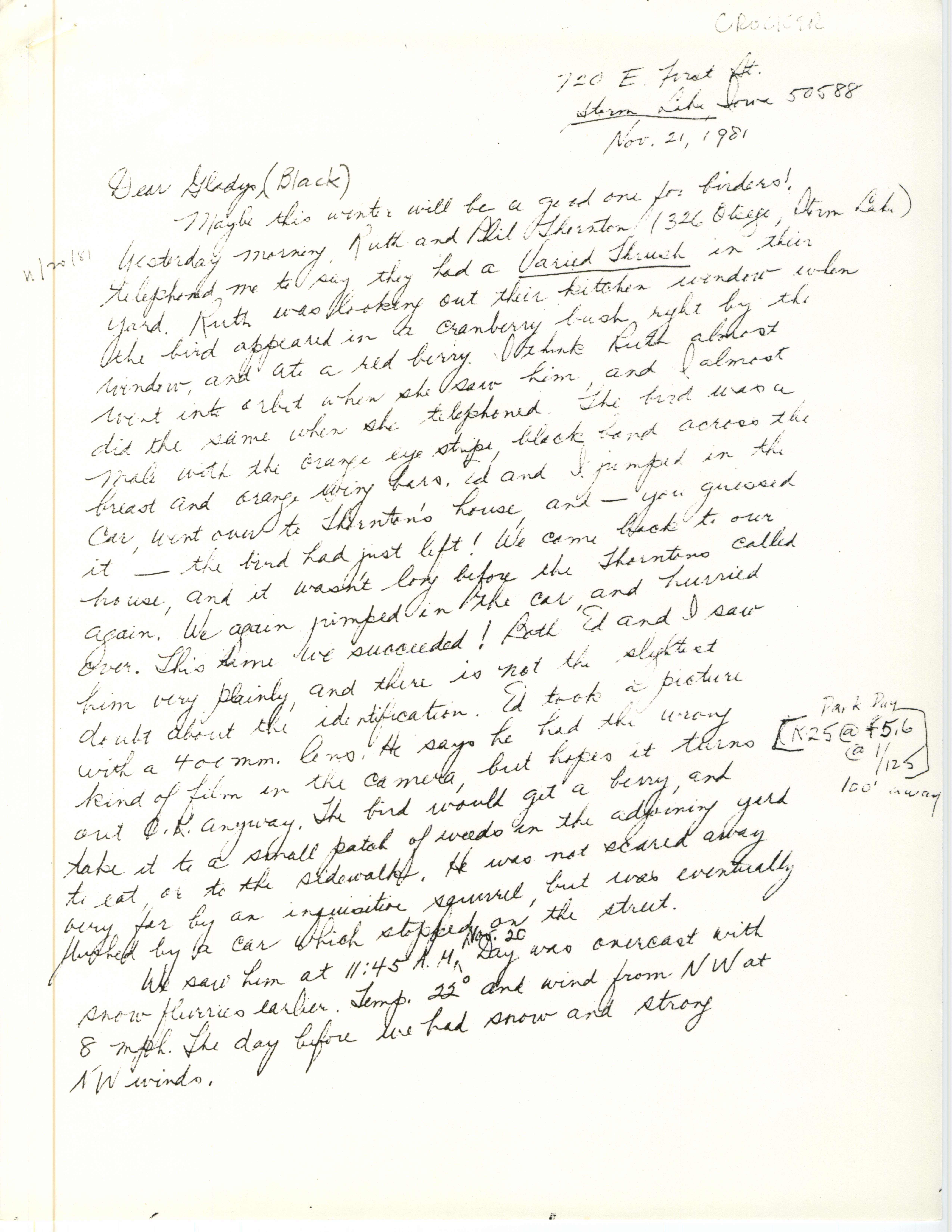 Virginia R. Crocker letter to Gladys Black regarding bird sighting, November 21, 1981