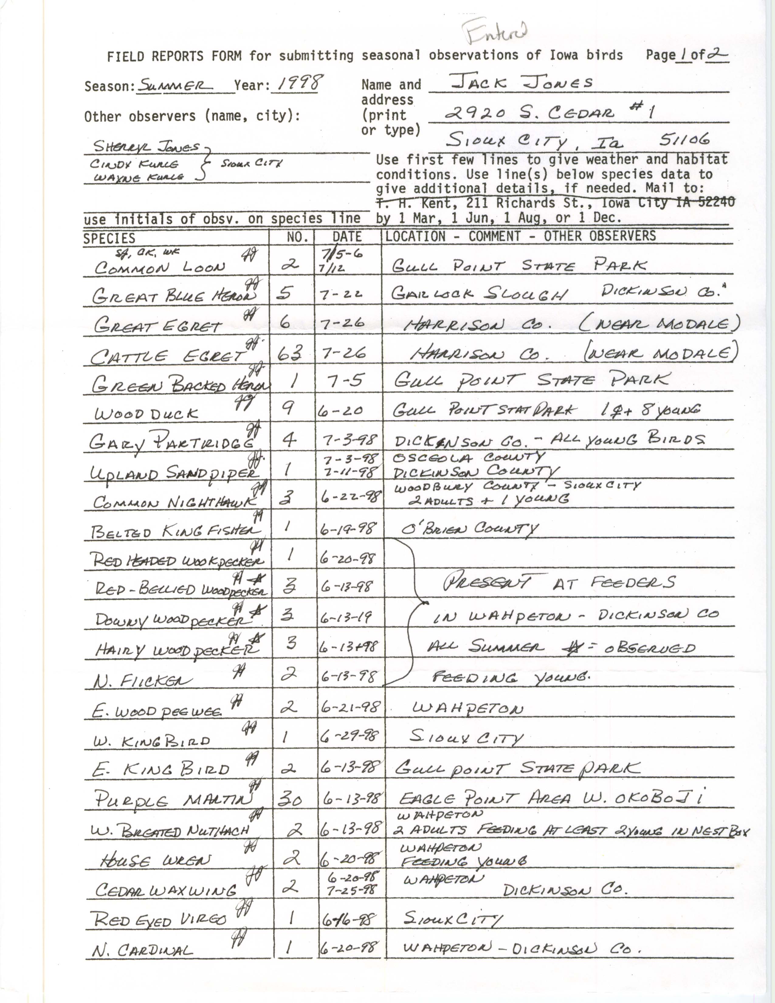 Field reports form for submitting seasonal observations of Iowa birds, Jack Jones, summer 1998