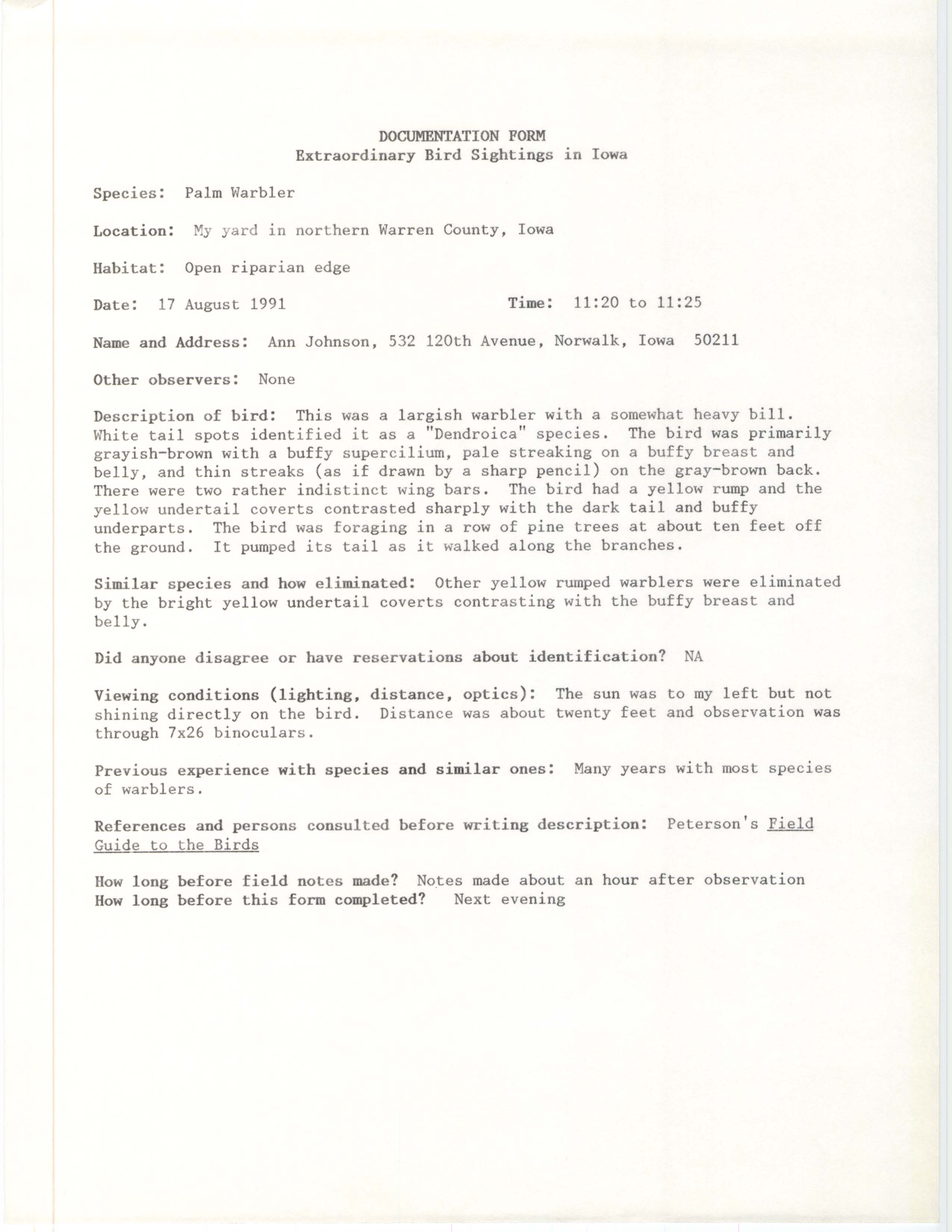 Rare bird documentation form for Palm Warbler in Greenfield Township in Warren County, 1991