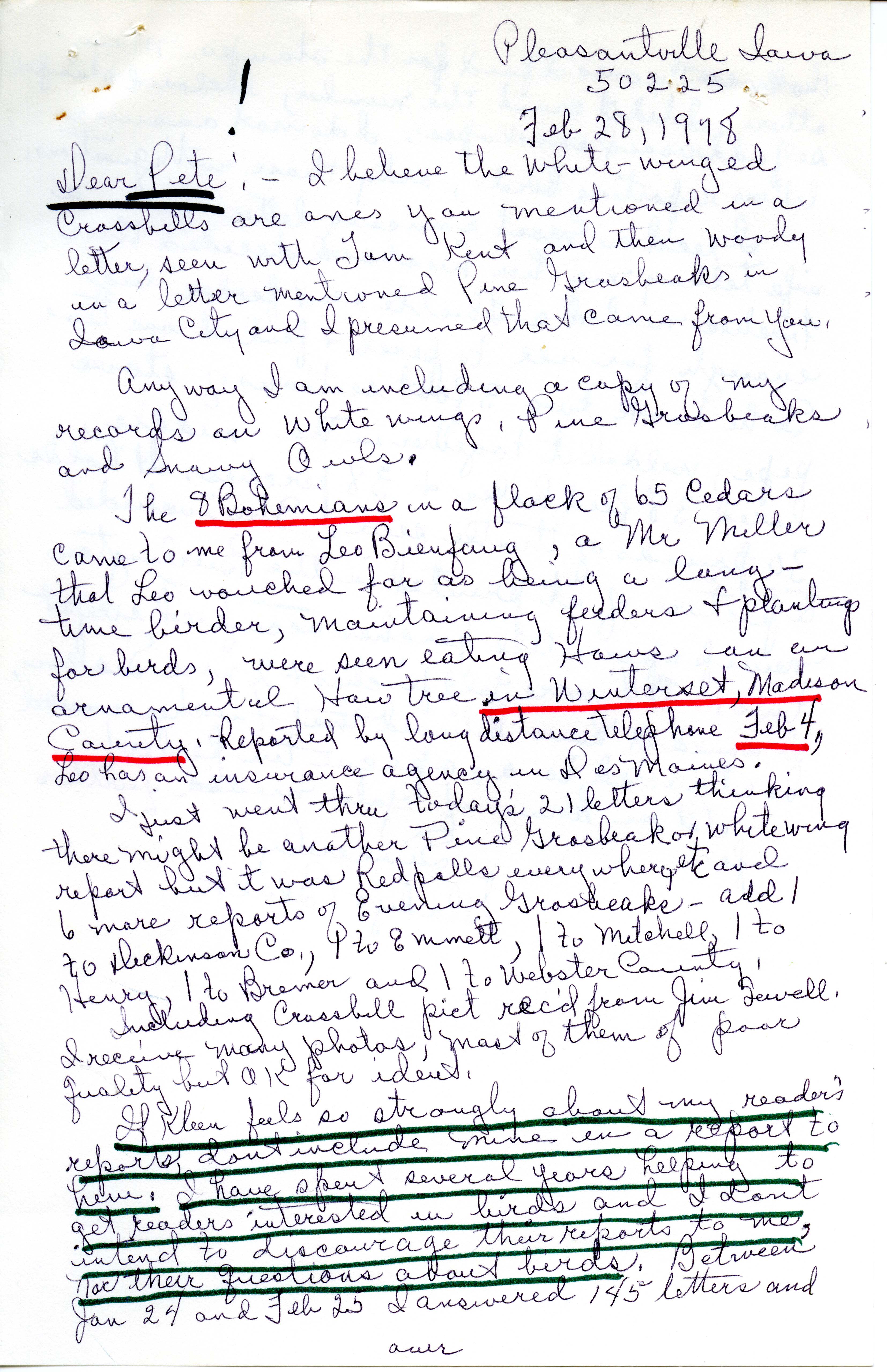 Gladys Black letter to Peter C. Petersen regarding bird sightings, February 28, 1978
