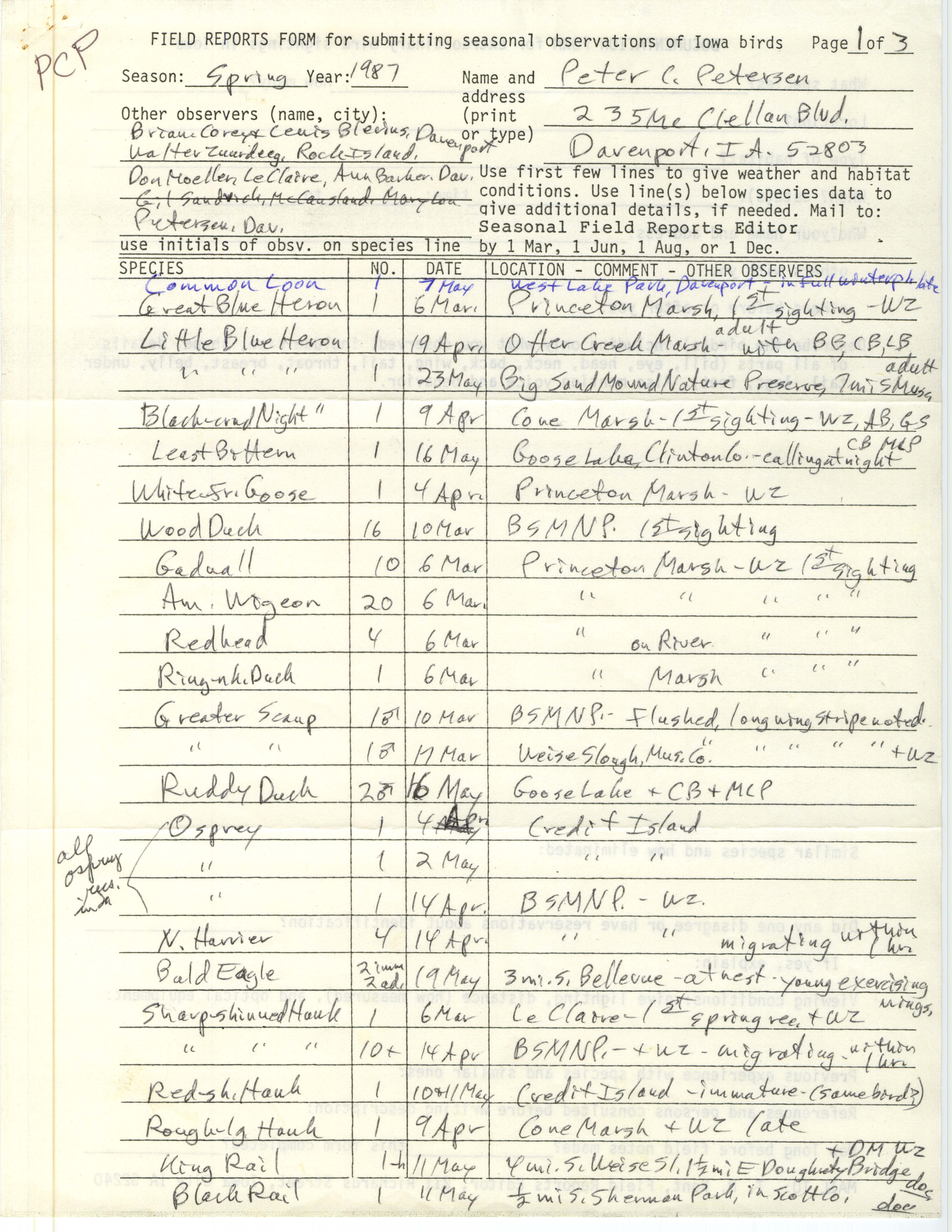 Field reports form for submitting seasonal observations of Iowa birds, Peter C. Petersen, spring 1987