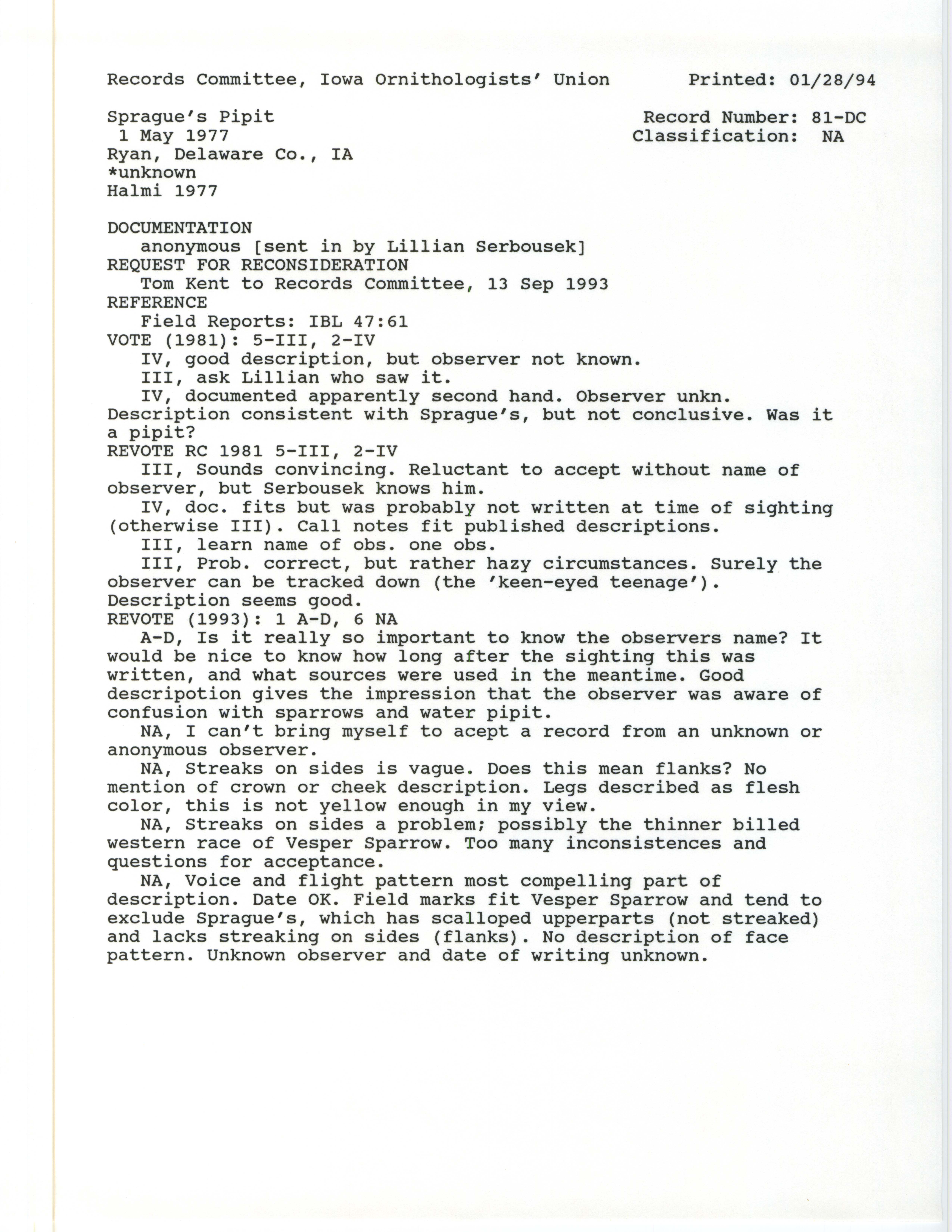 Records Committee review for rare bird sighting for Sprague's Pipit southwest of Delhi, 1977