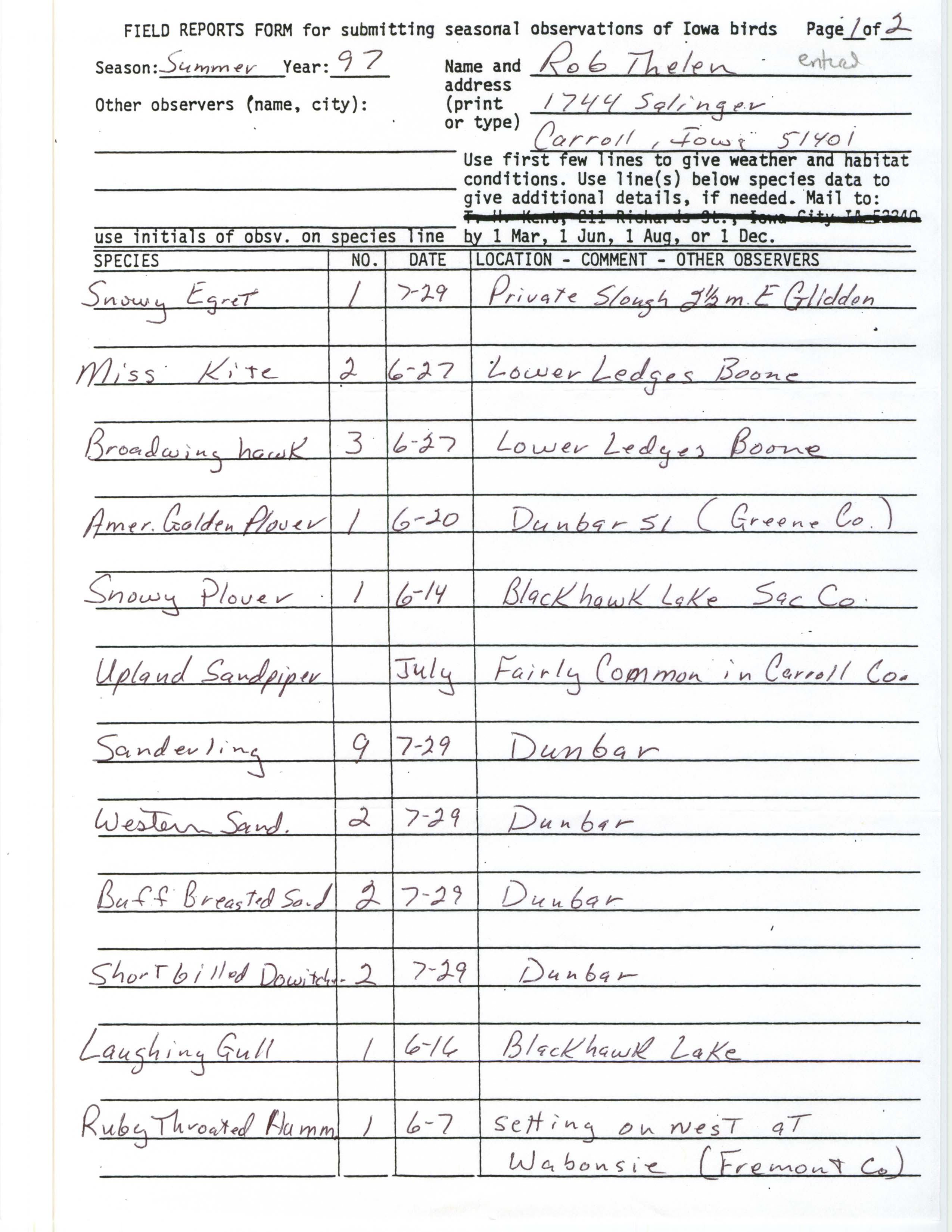 Field reports form for submitting seasonal observations of Iowa birds, Rob Thelen, summer 1997