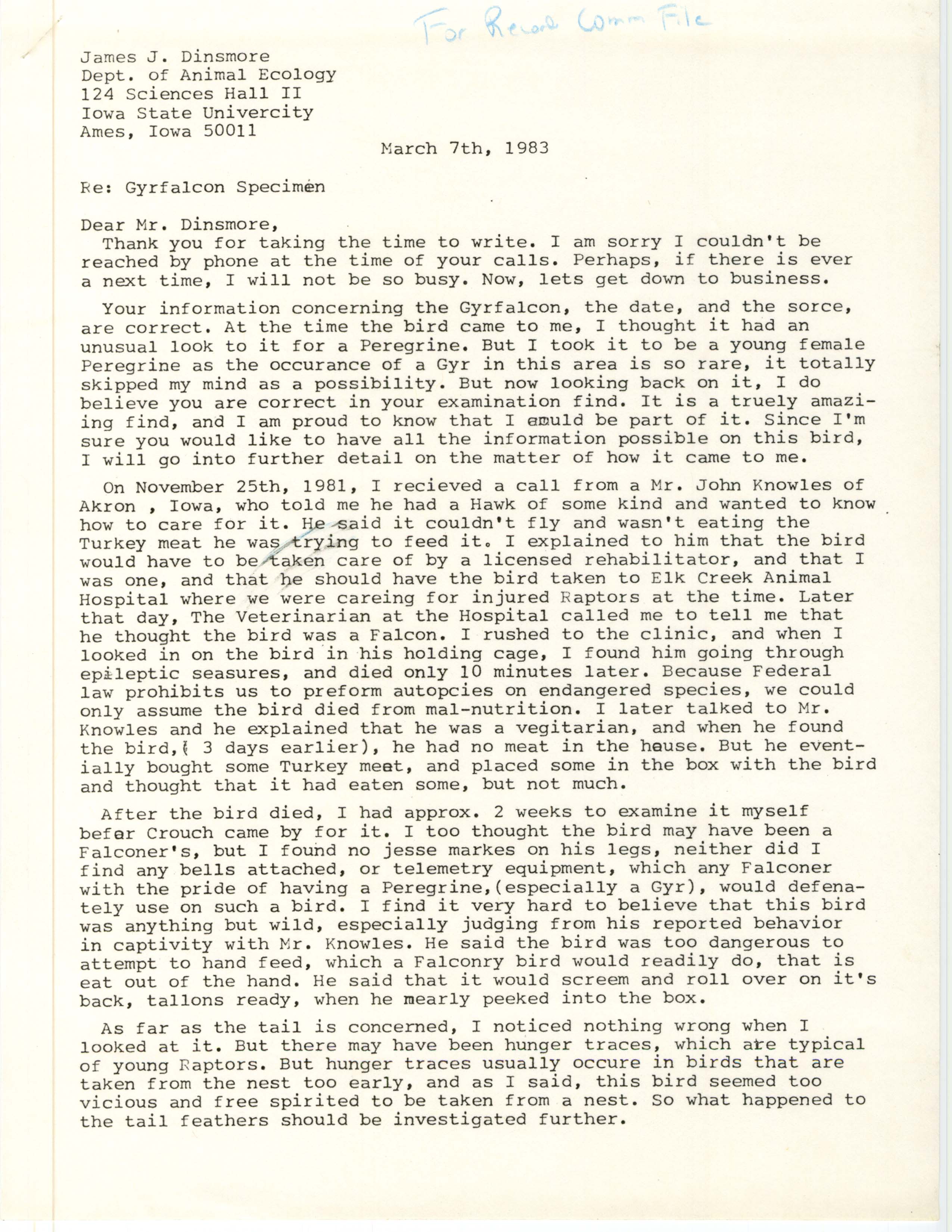 Doug Trapp letter to James Dinsmore regarding sick Gyrfalcon, March 7, 1983