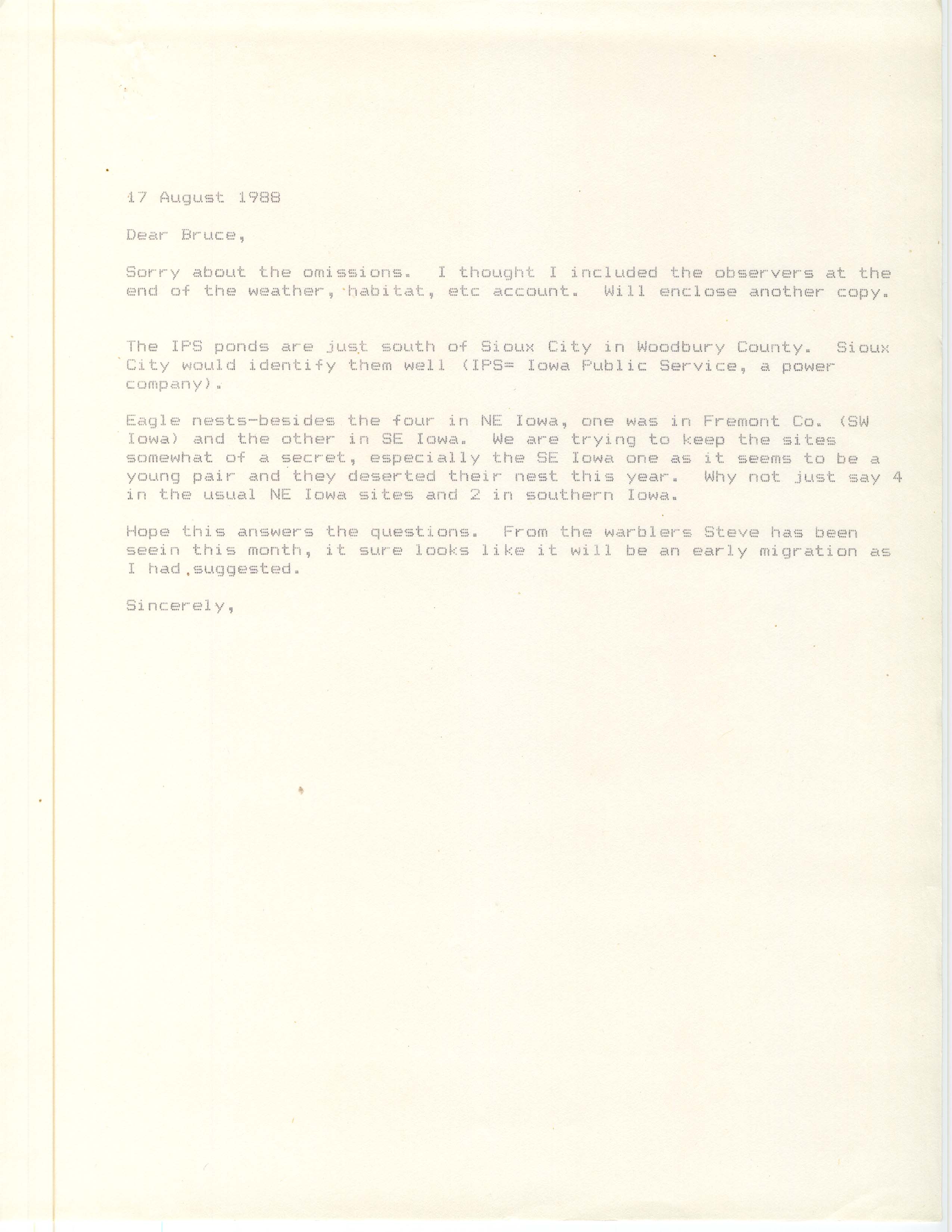 James J. Dinsmore letter to Bruce G. Peterjohn with additional summer field note information, August 17, 1988