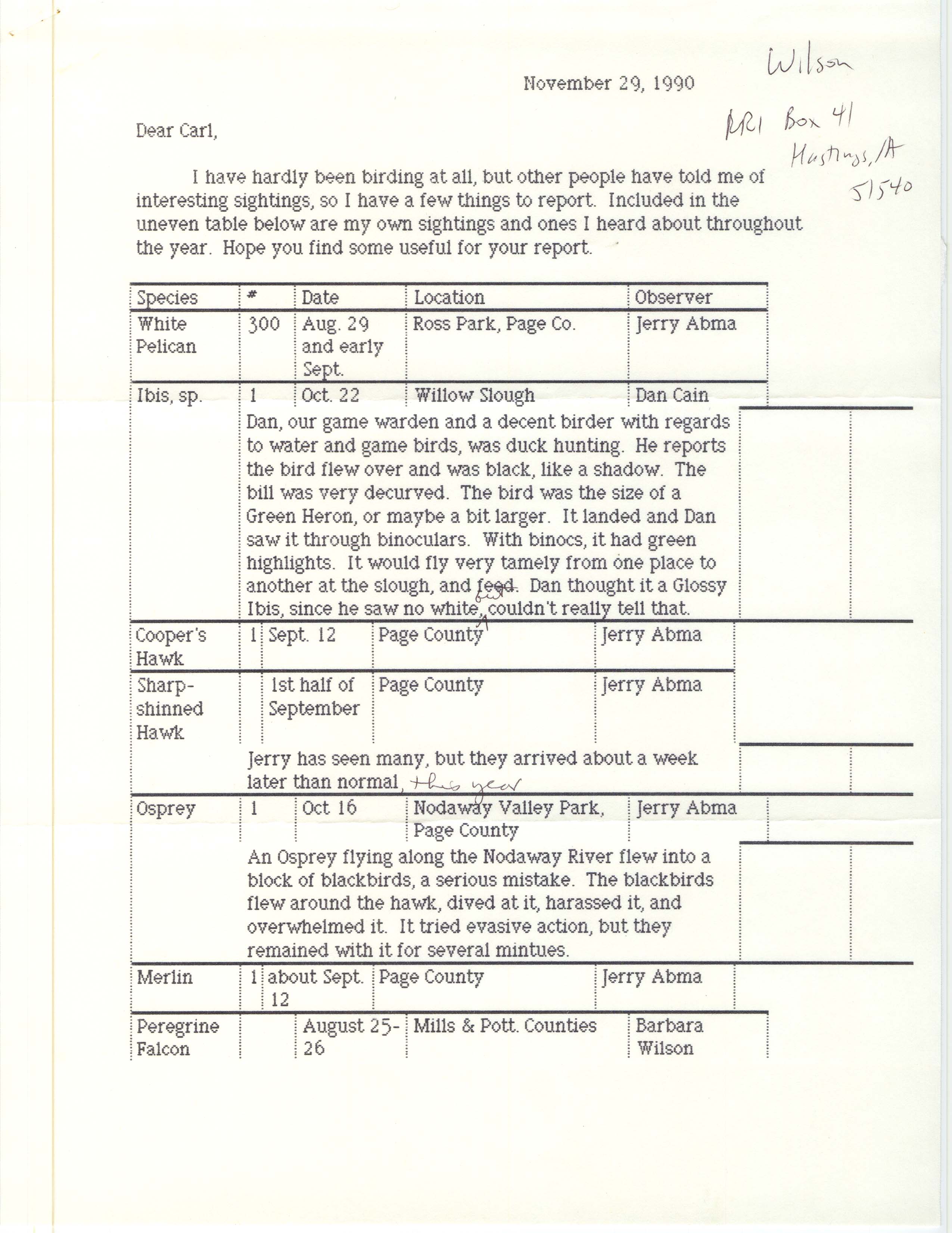 Field reports, Barb Wilson, fall 1990
