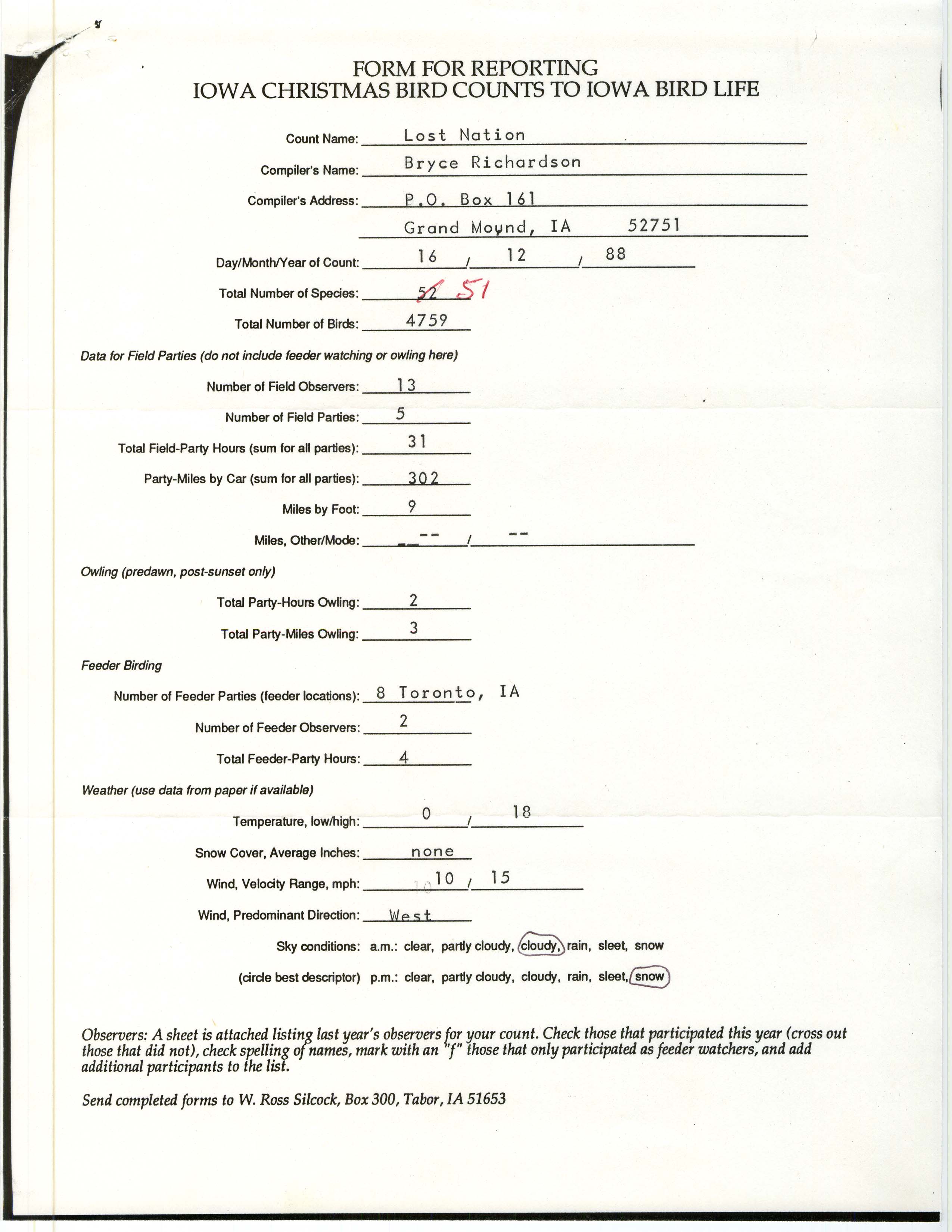 Form for reporting Iowa Christmas bird counts to Iowa Bird Life, Bryce A. Richardson, December 16, 1988