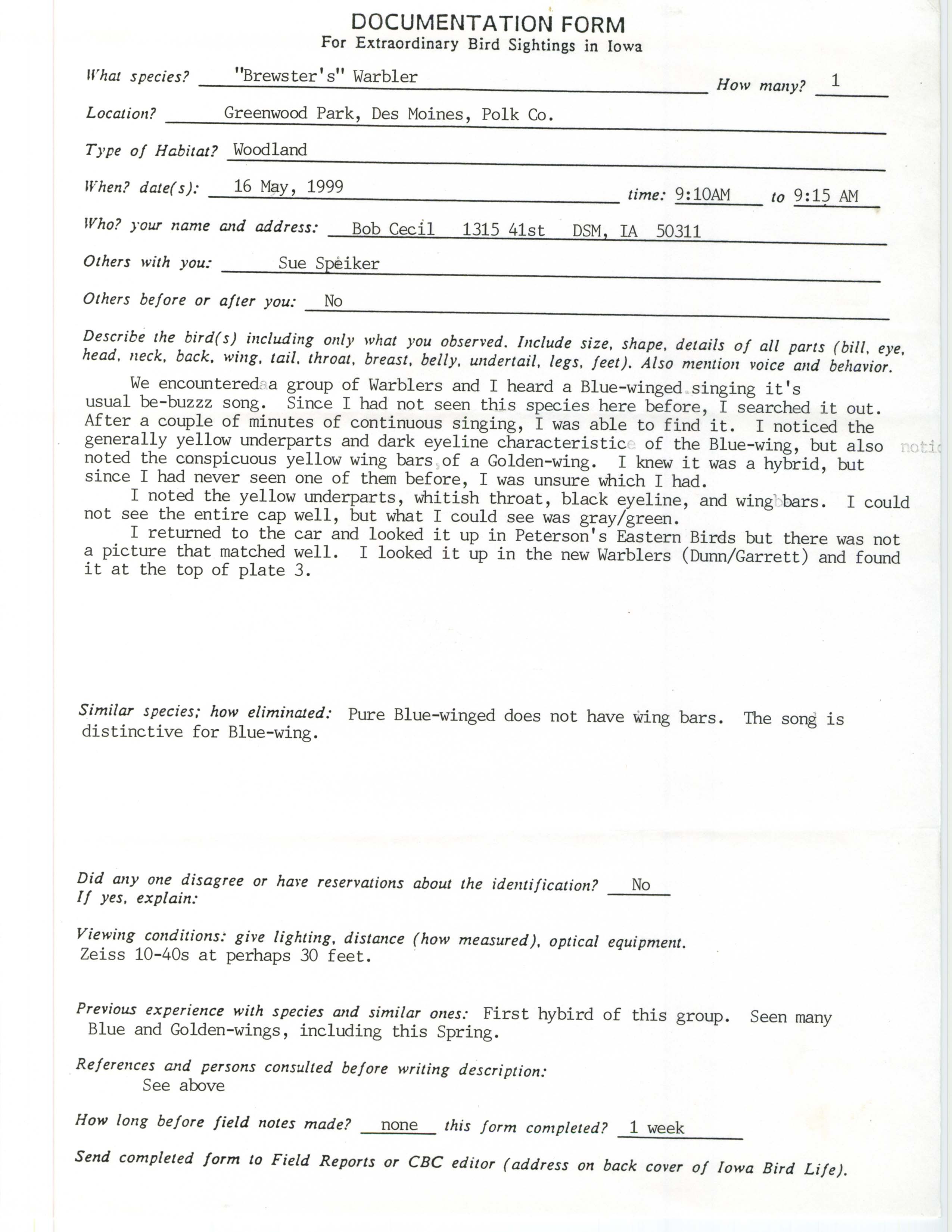 Rare bird documentation form for Bewster's Warbler at Greenwood Park in Des Moines, 1999