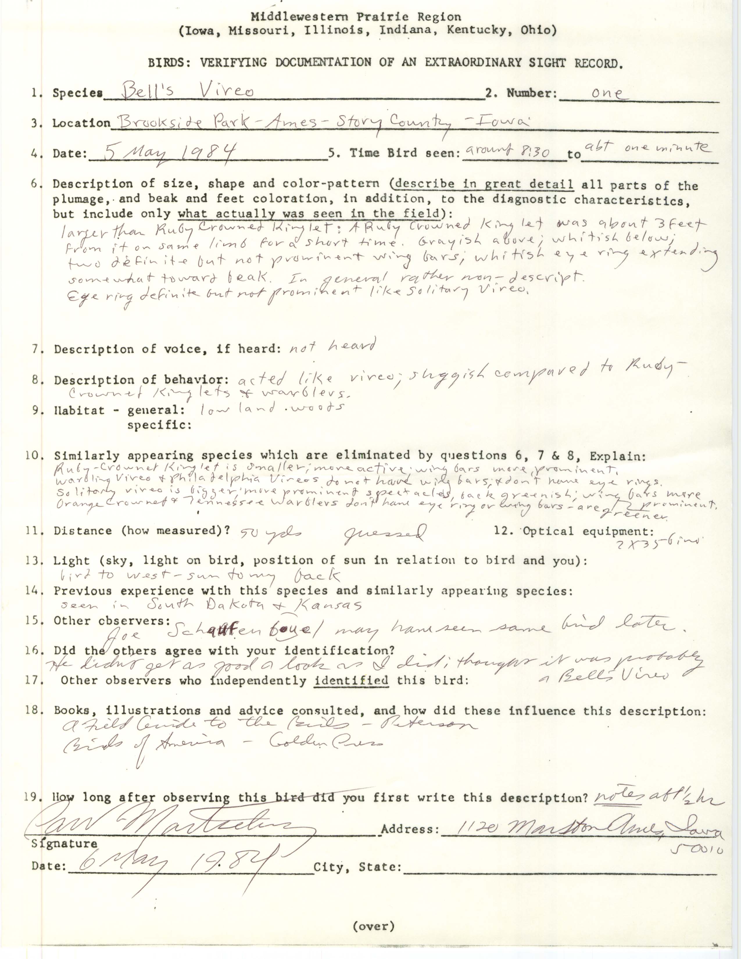 Rare bird documentation form for Bell's Vireo at Brookside Park in Ames, 1984