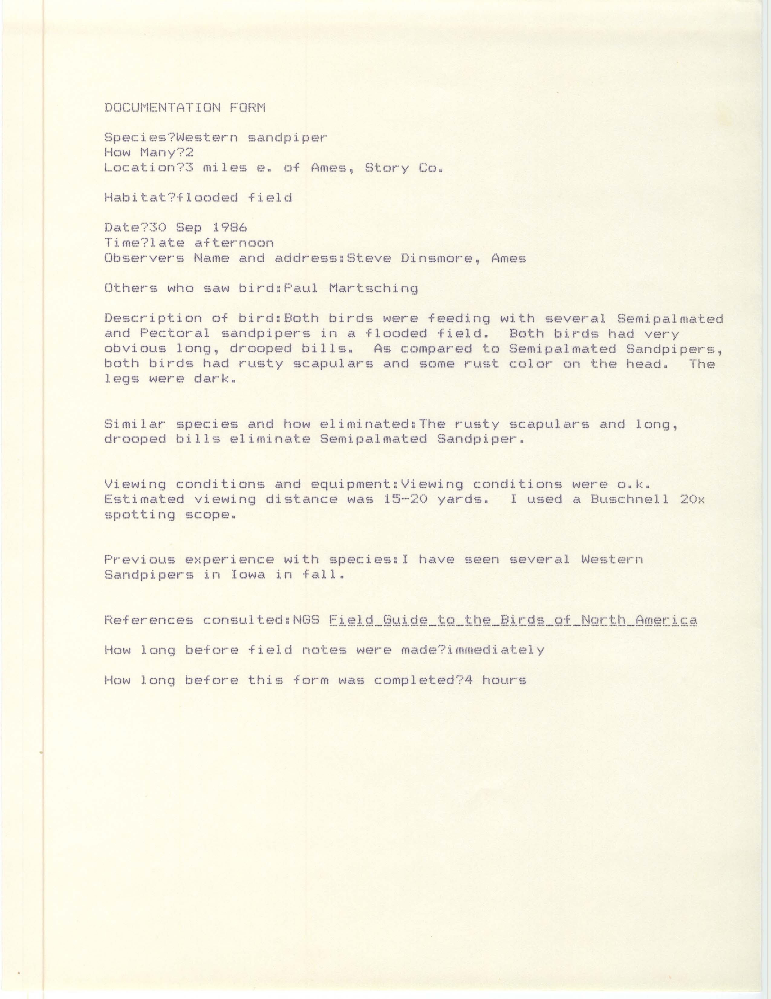 Rare bird documentation form for Western Sandpiper at east of Ames, 1986