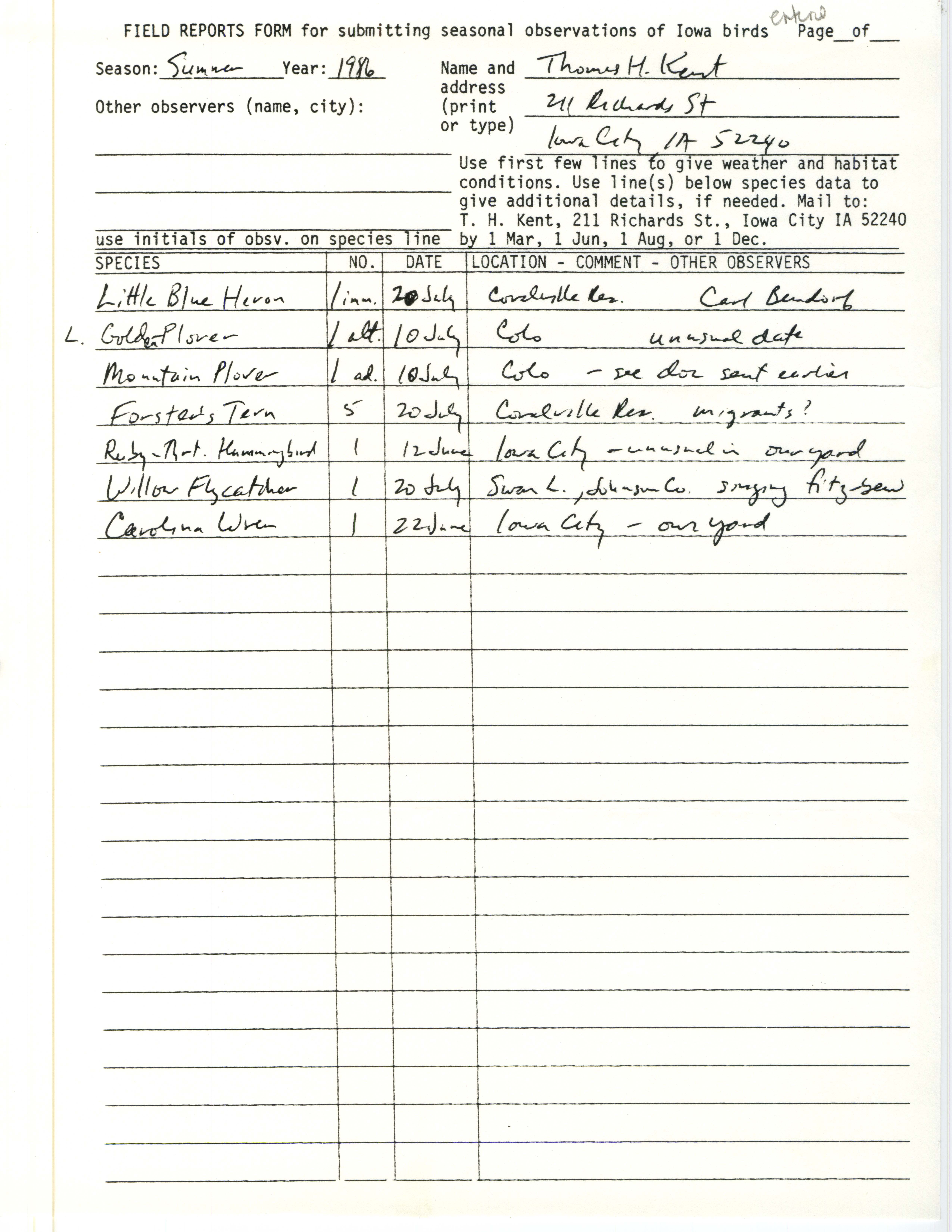 Field reports form for submitting seasonal observations of Iowa birds, Thomas H. Kent, summer 1986