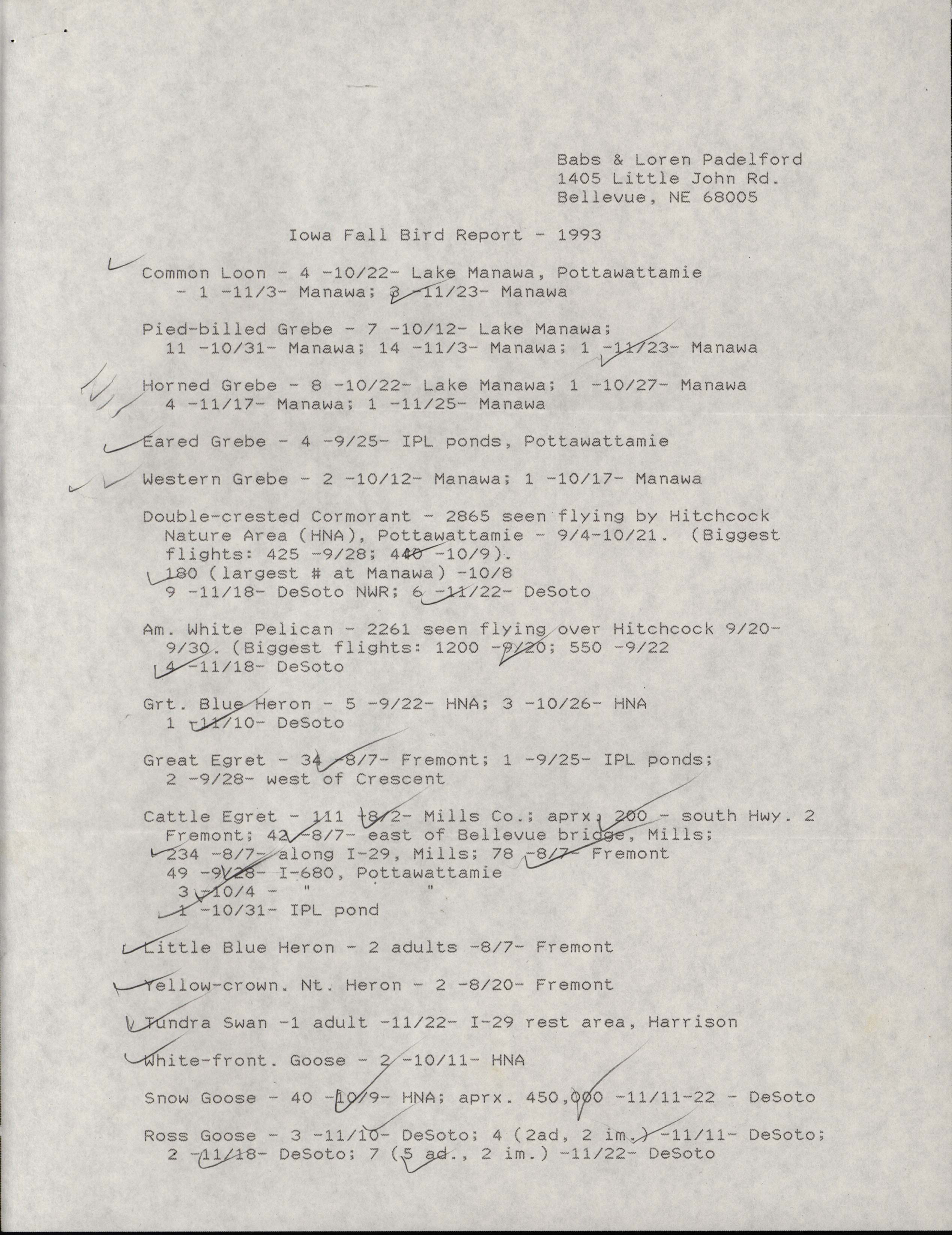 Field notes contributed by Babs Padelford and Loren Padelford, fall 1993