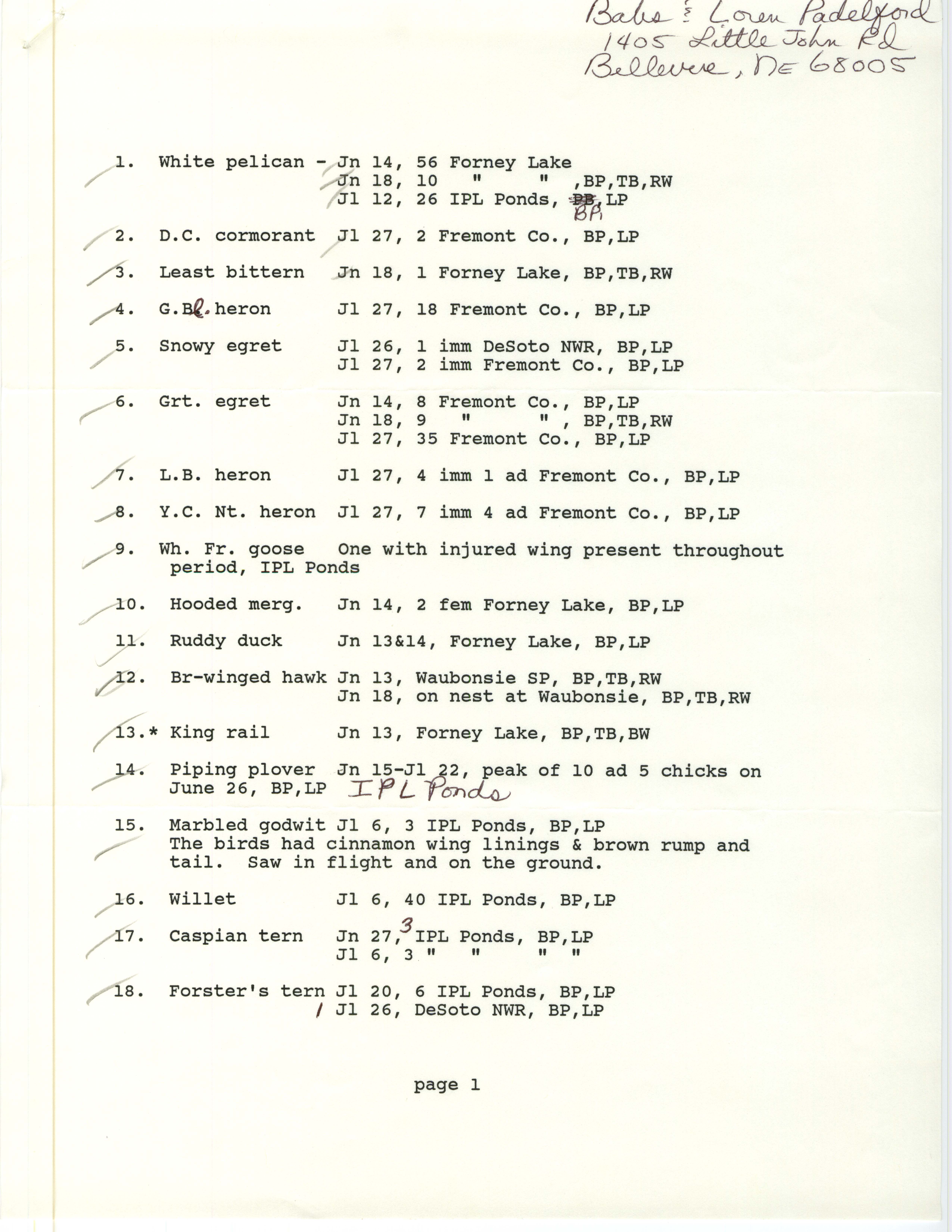 Field notes contributed by Babs Padelford and Loren Padelford, summer 1986