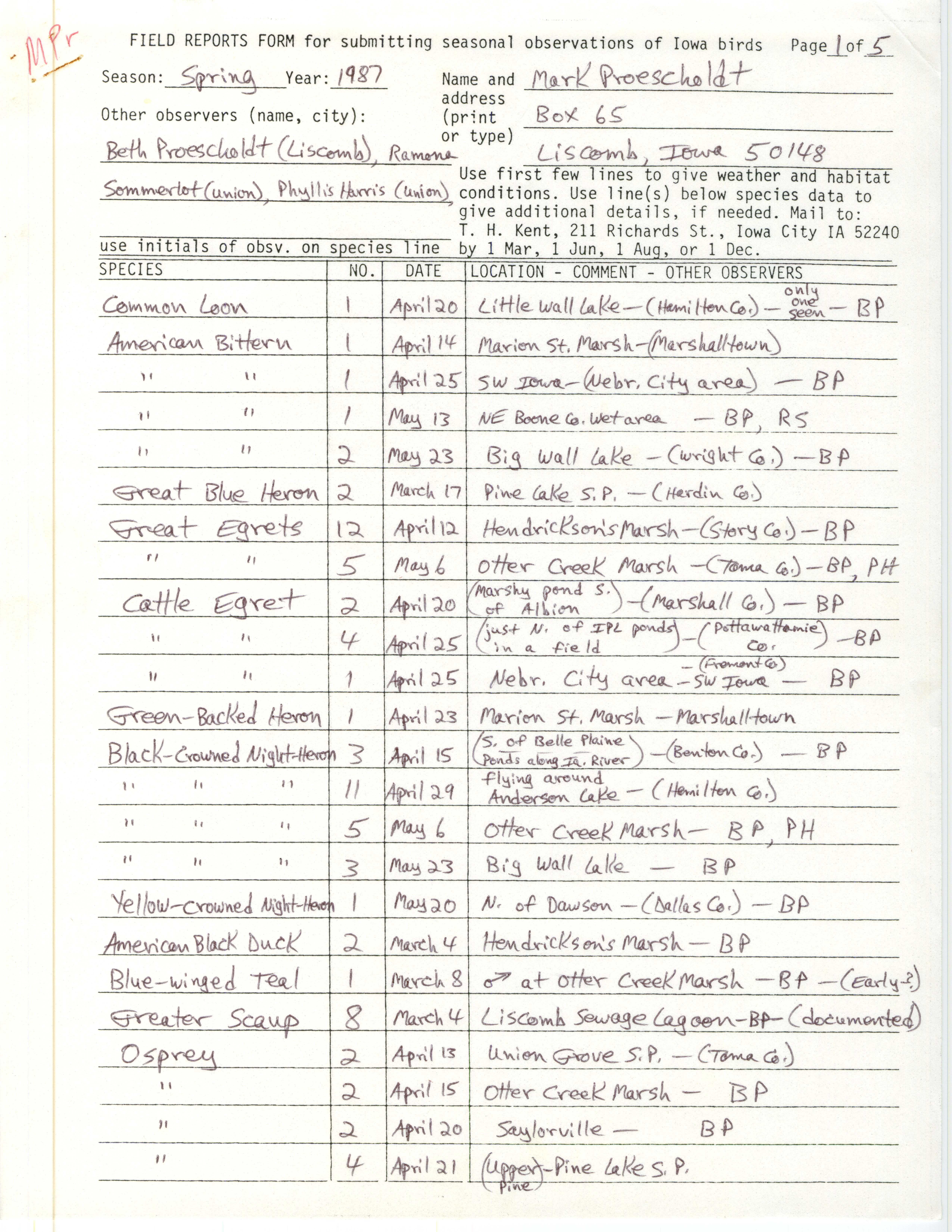 Field reports form for submitting seasonal observations of Iowa birds, Mark Proescholdt, spring 1987