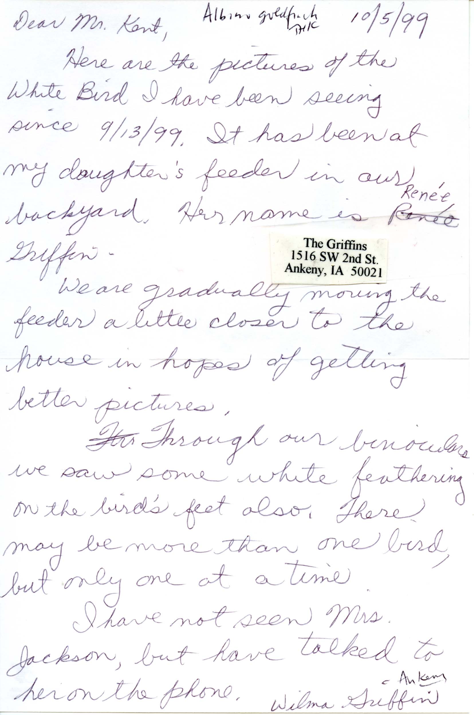 Wilma Griffin letter to Thomas Kent regarding a white bird, October 5, 1999
