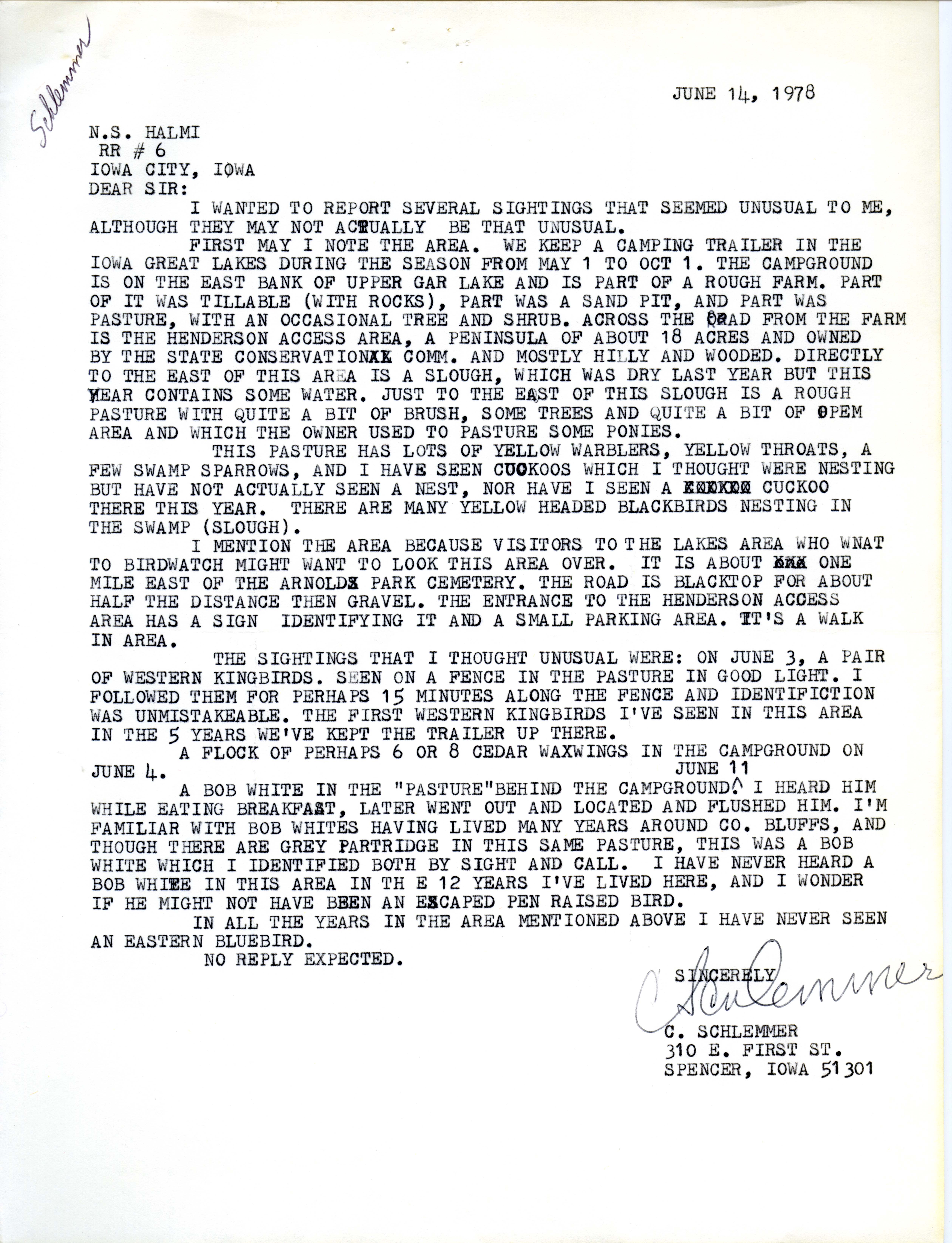 Conrad F. Schlemmer letter to Nicholas S. Halmi regarding bird sightings, June 14, 1978 