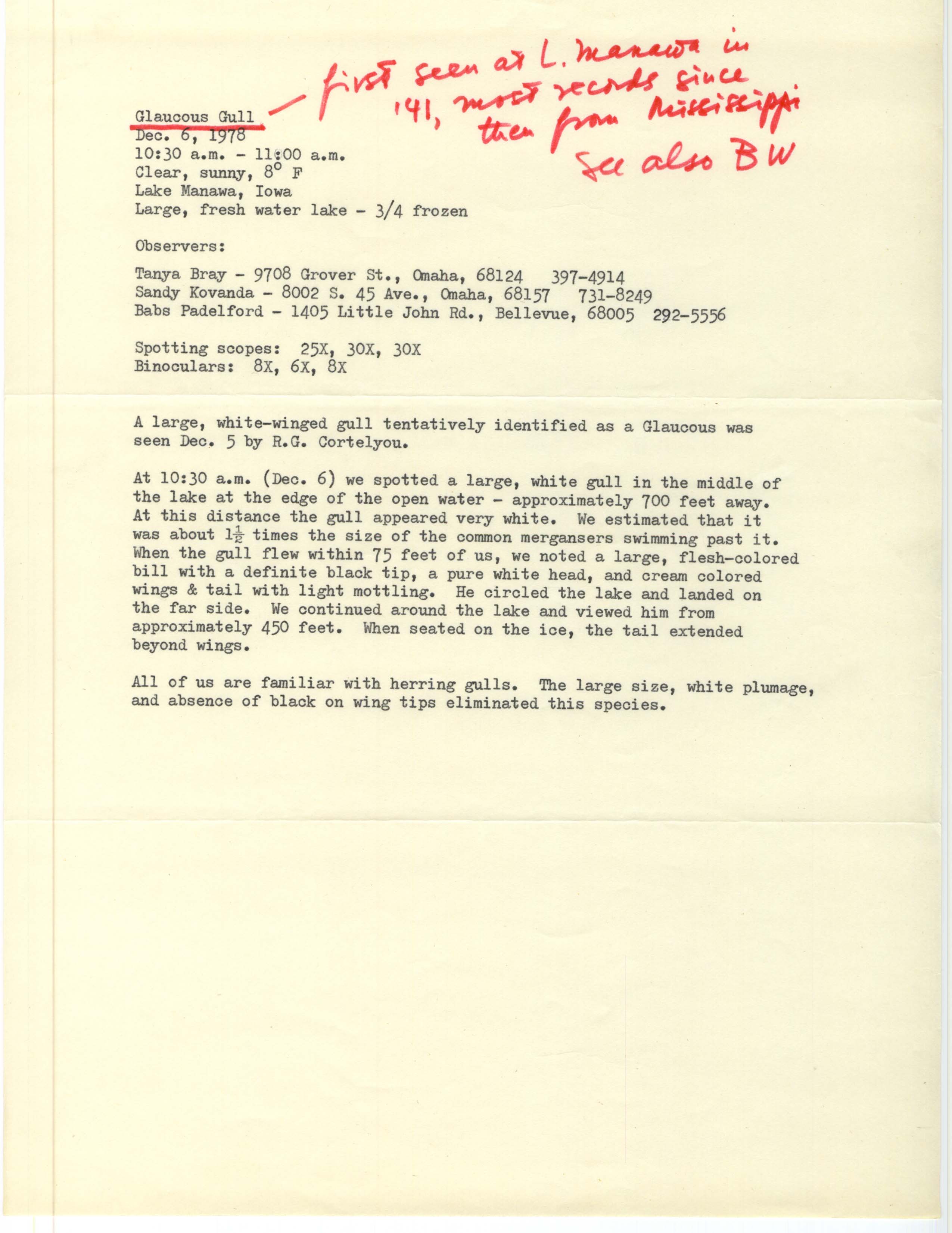 Rare bird documentation form for Glaucous Gull at Lake Manawa, 1978
