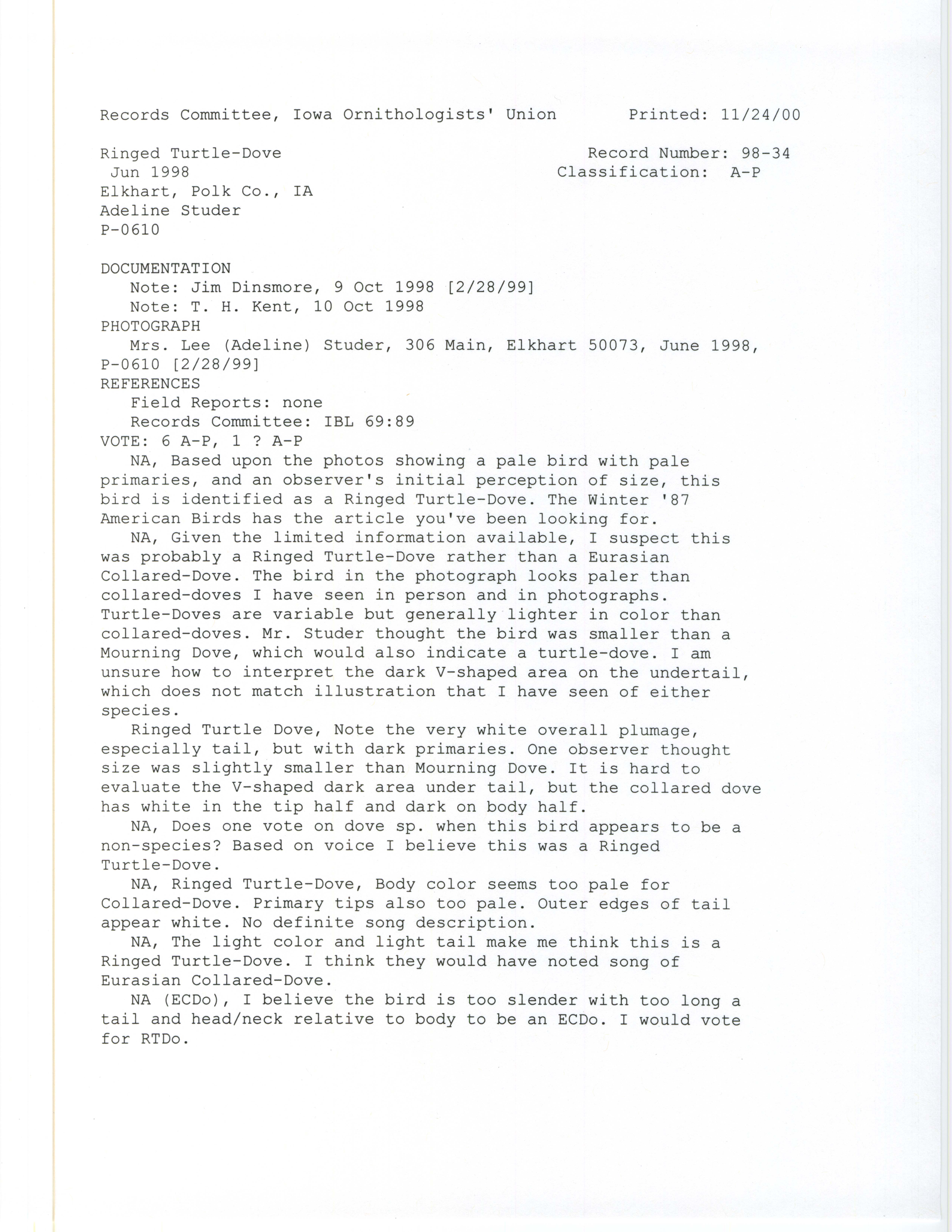 Records Committee review for rare bird sighting for Ringed Turtle-Dove at Elkhart in 1998