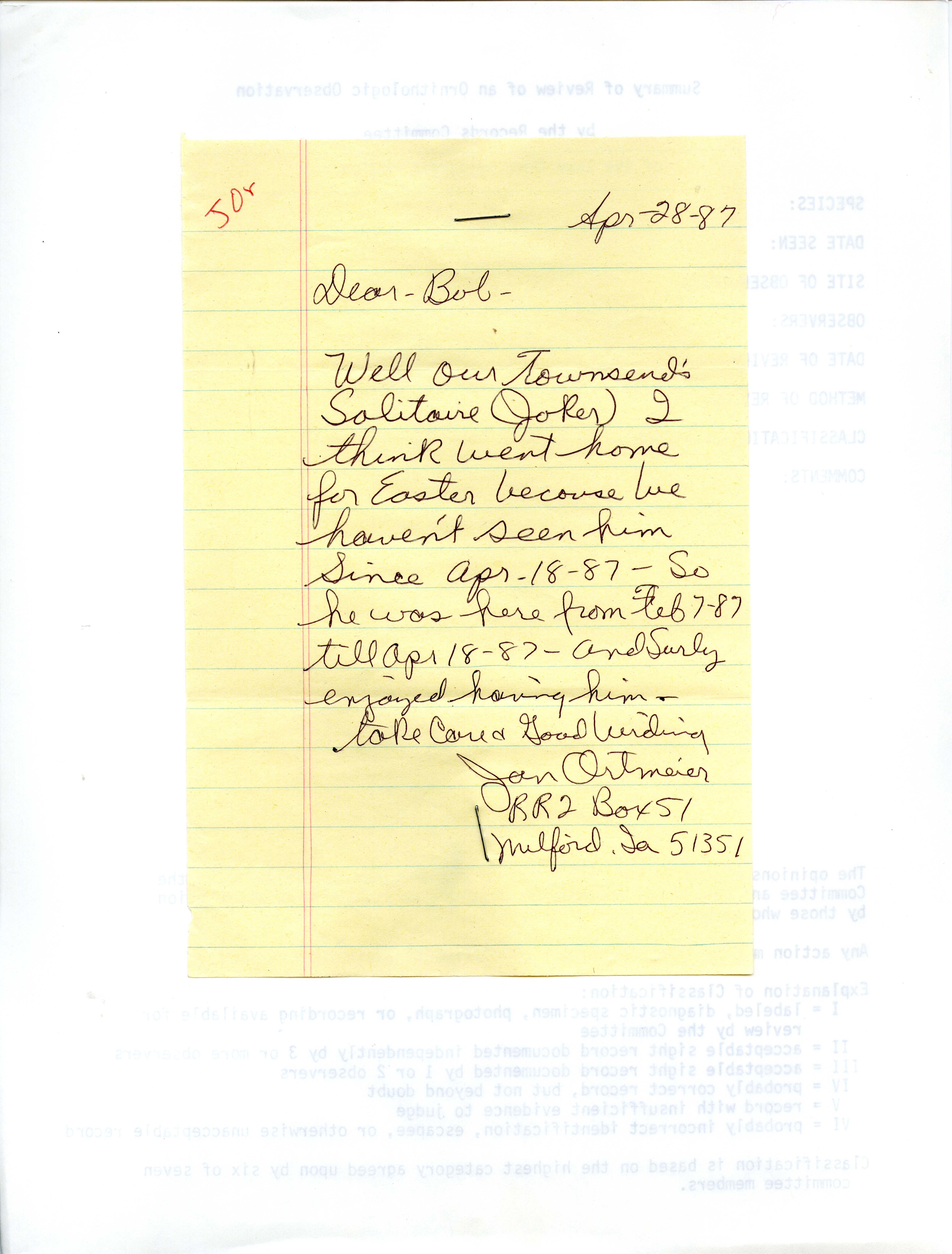 Jan Ortmeier letter to Robert K. Myers regarding a single bird sighting, April 28, 1987