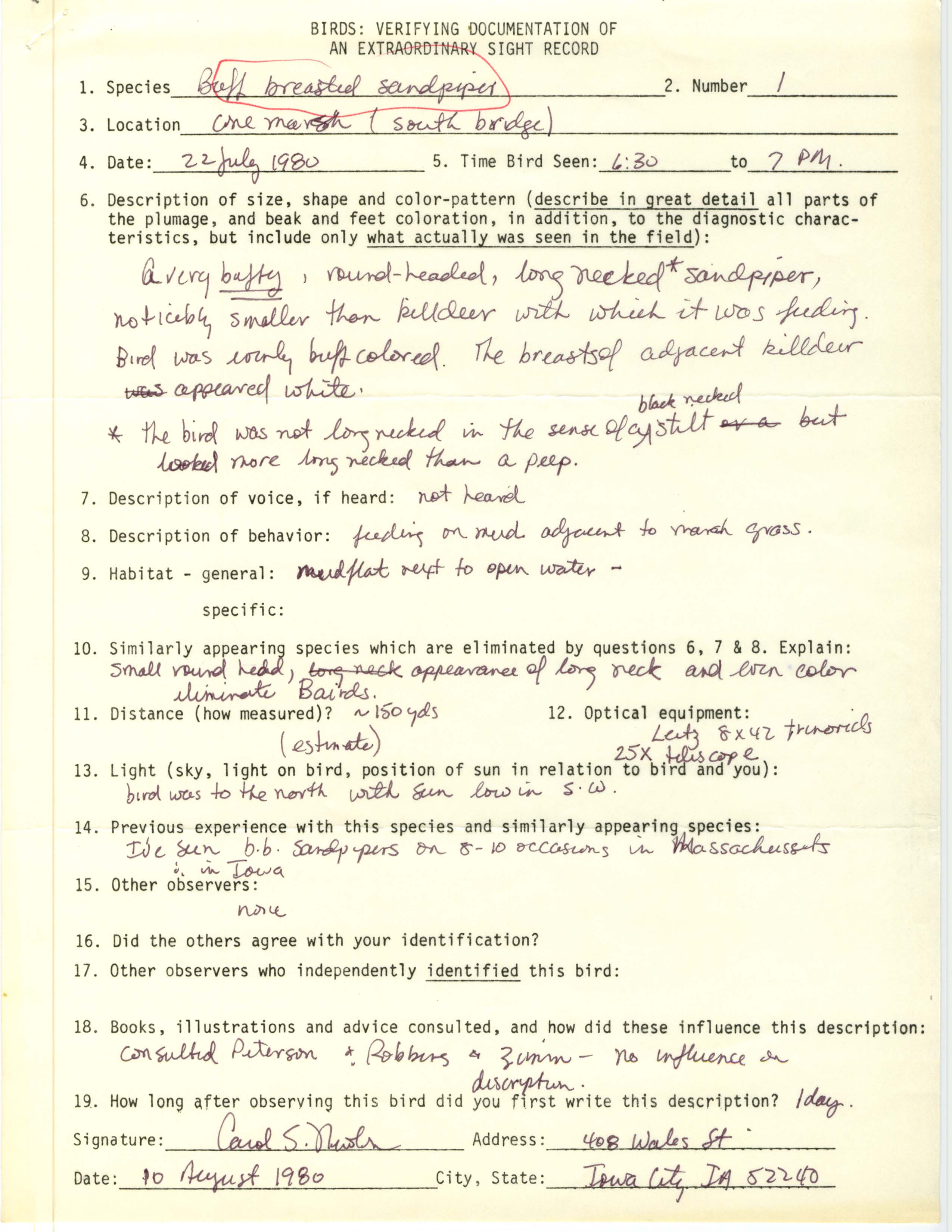 Rare bird documentation form for Buff-breasted Sandpiper at Cone Marsh, 1980