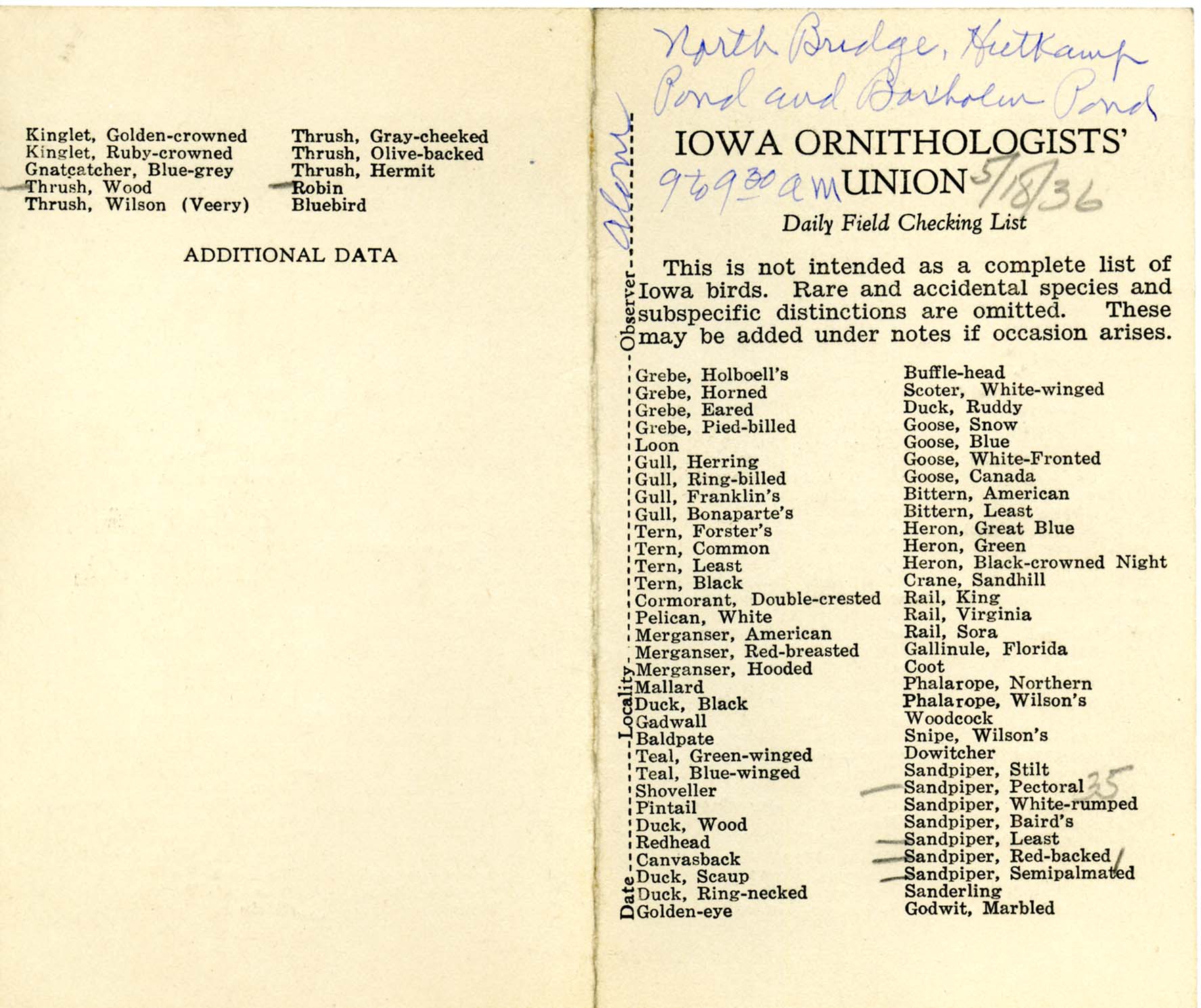 Daily field checking list, Walter Rosene, May 18, 1936