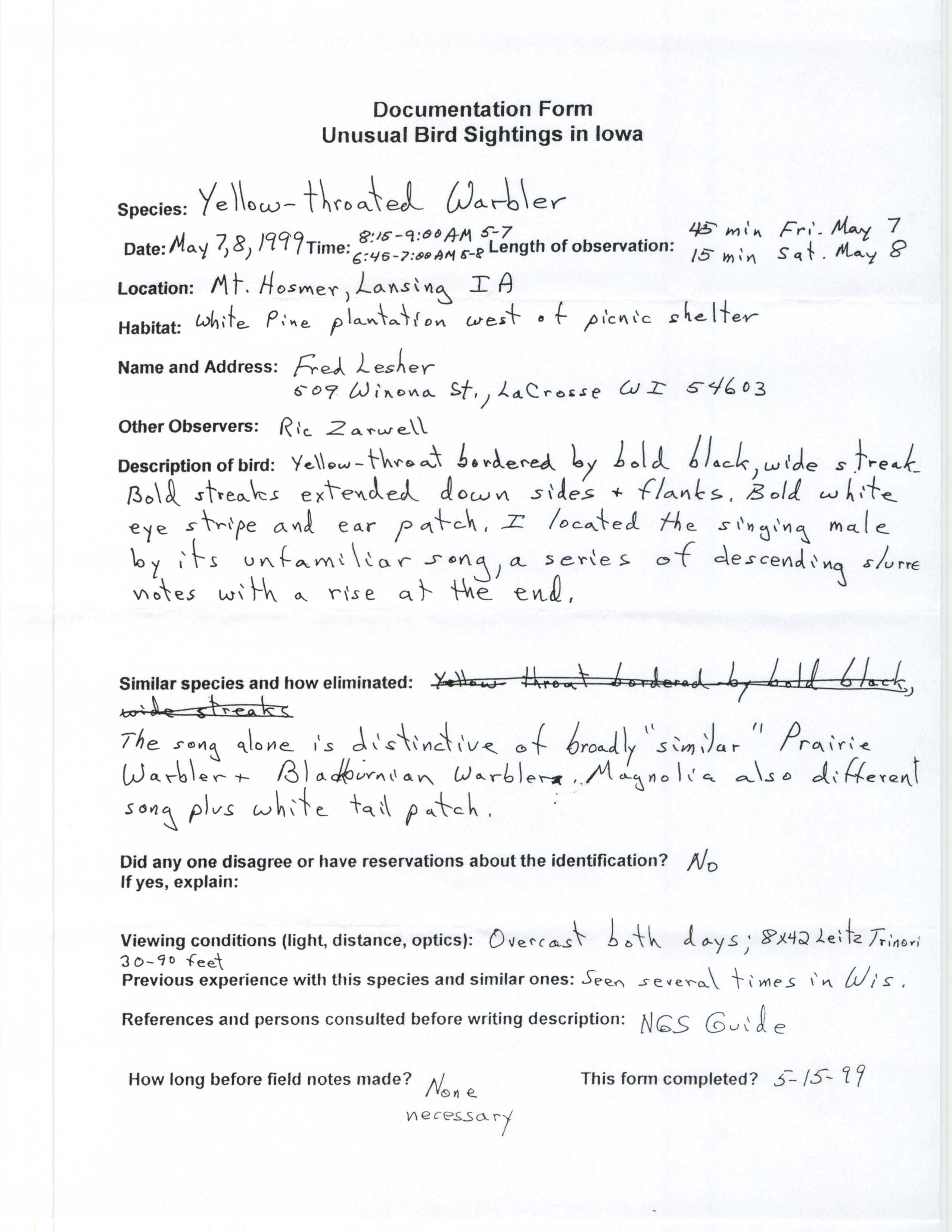 Rare bird documentation form for Yellow-throated Warbler at Mount Hosmer Park in Lansing in 1999