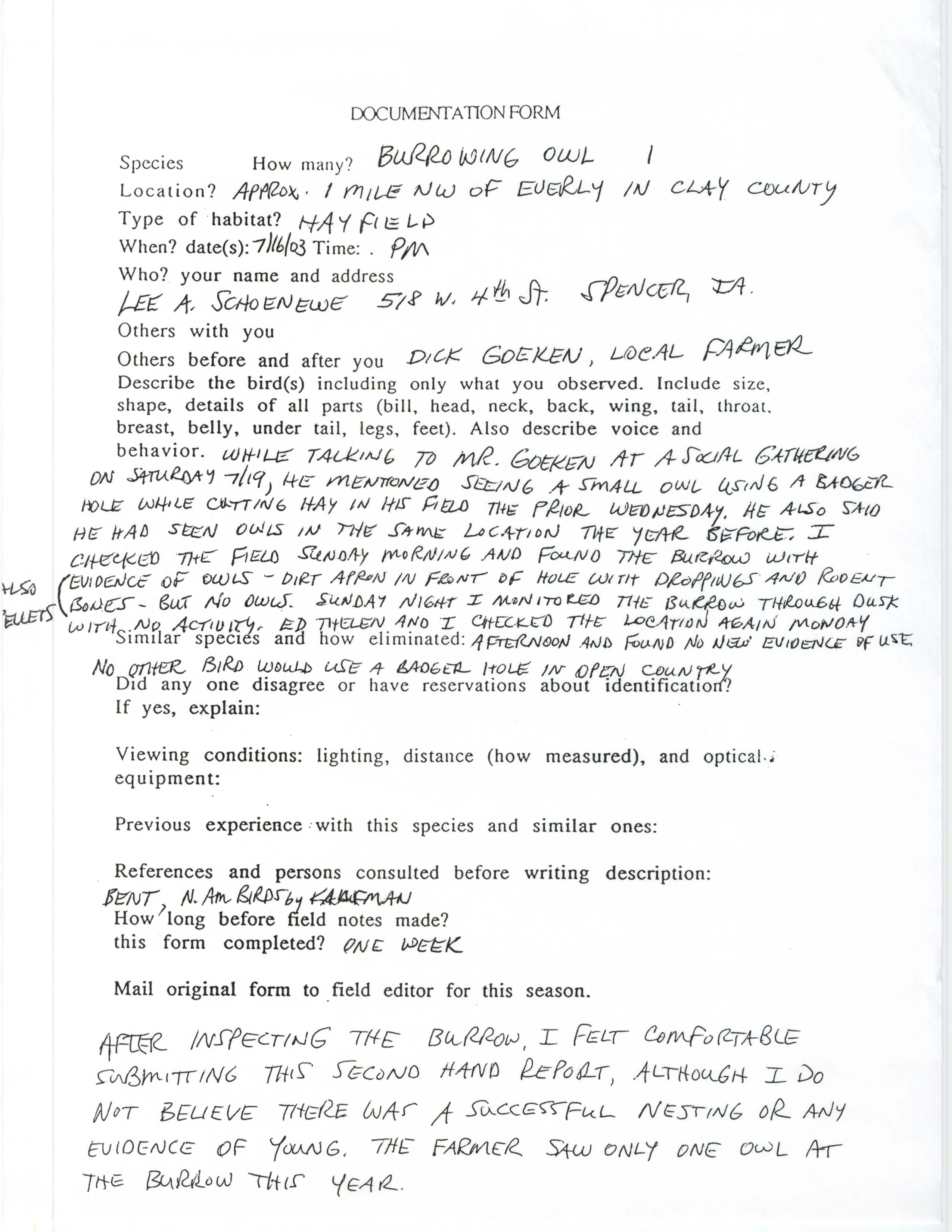 Verifying documentation form for a Burrowing Owl sighting submittted by Lee A. Schoenewe, July 16, 2003