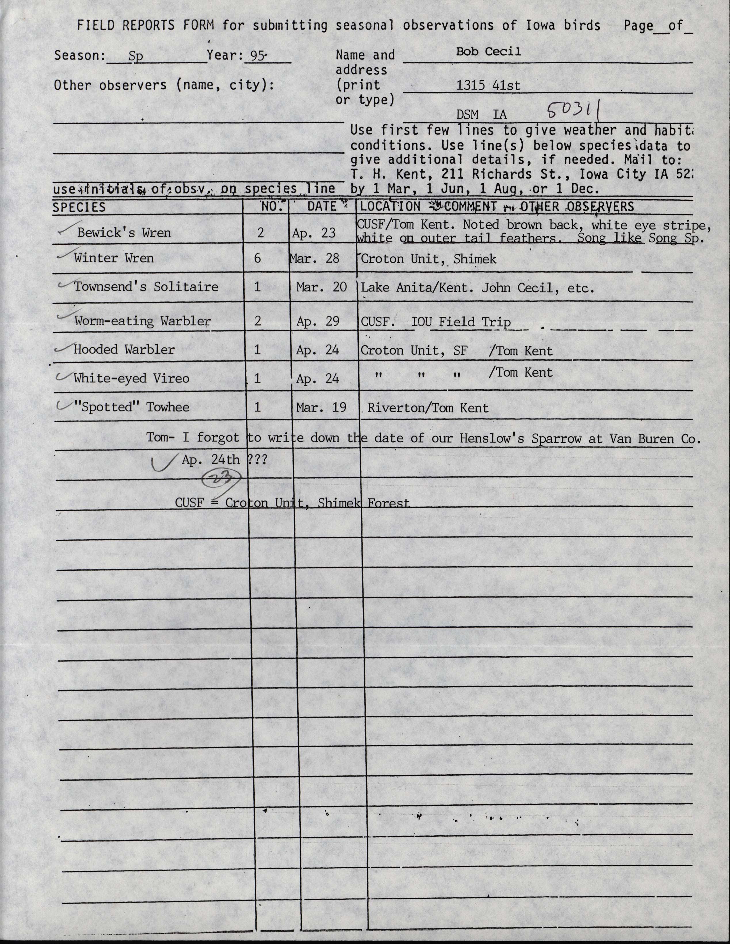 Field reports form for submitting seasonal observations of Iowa birds, spring 1995, Bob Cecil