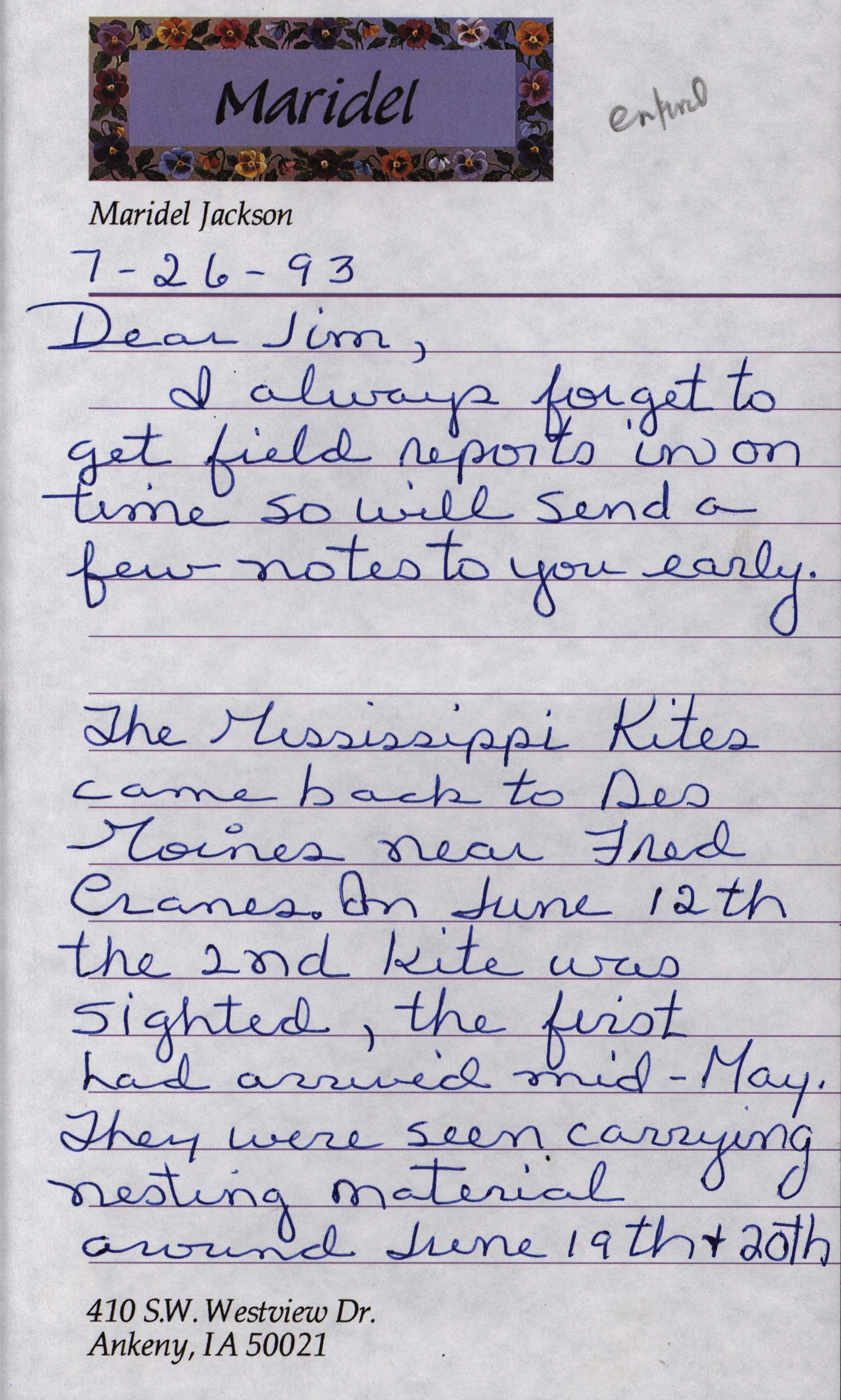 Maridel Jackson letter to James J. Dinsmore regarding summer bird sightings, July 26, 1993