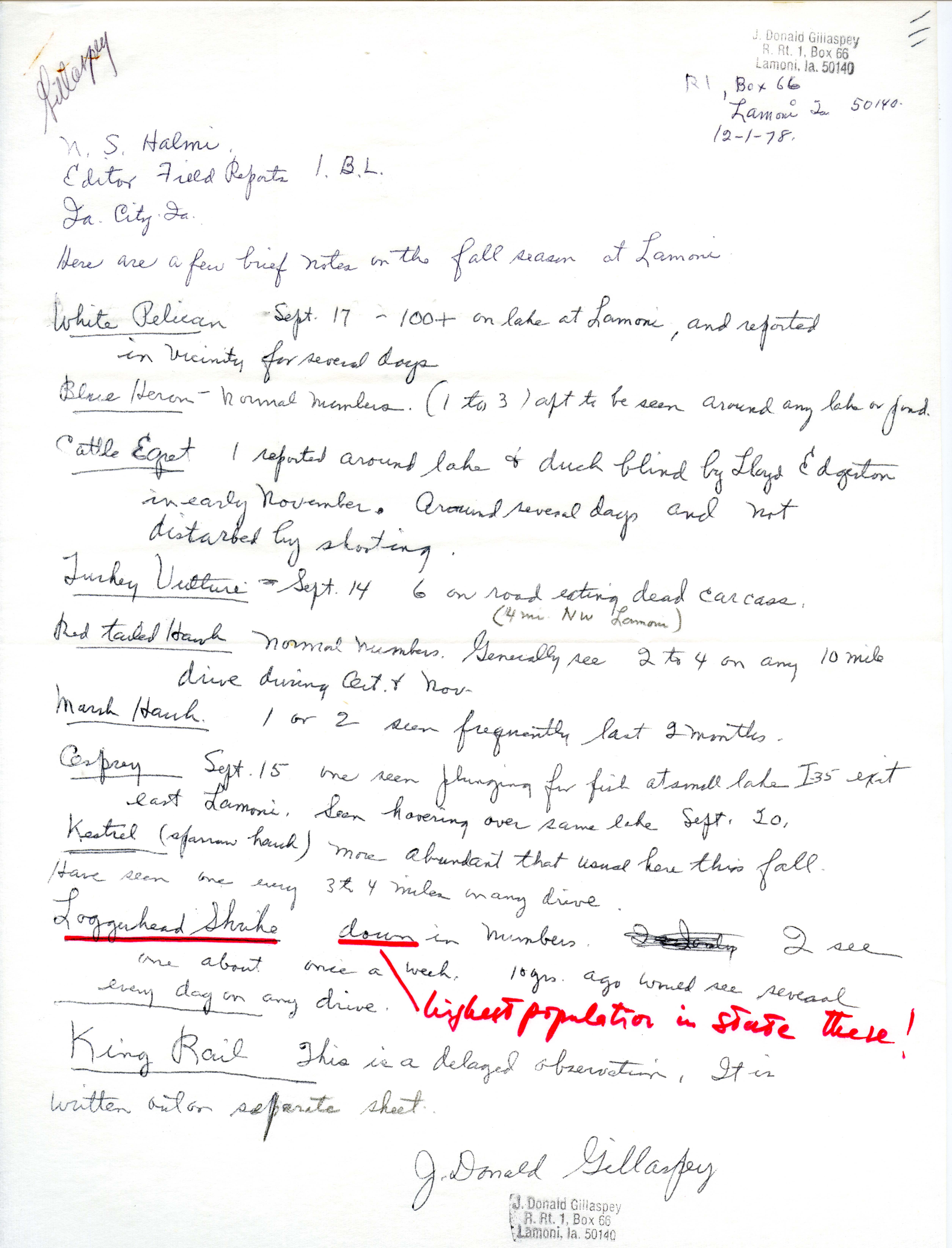 Donald J. Gillaspey letter to Nicholas S. Halmi regarding bird sightings, December 1, 1978 