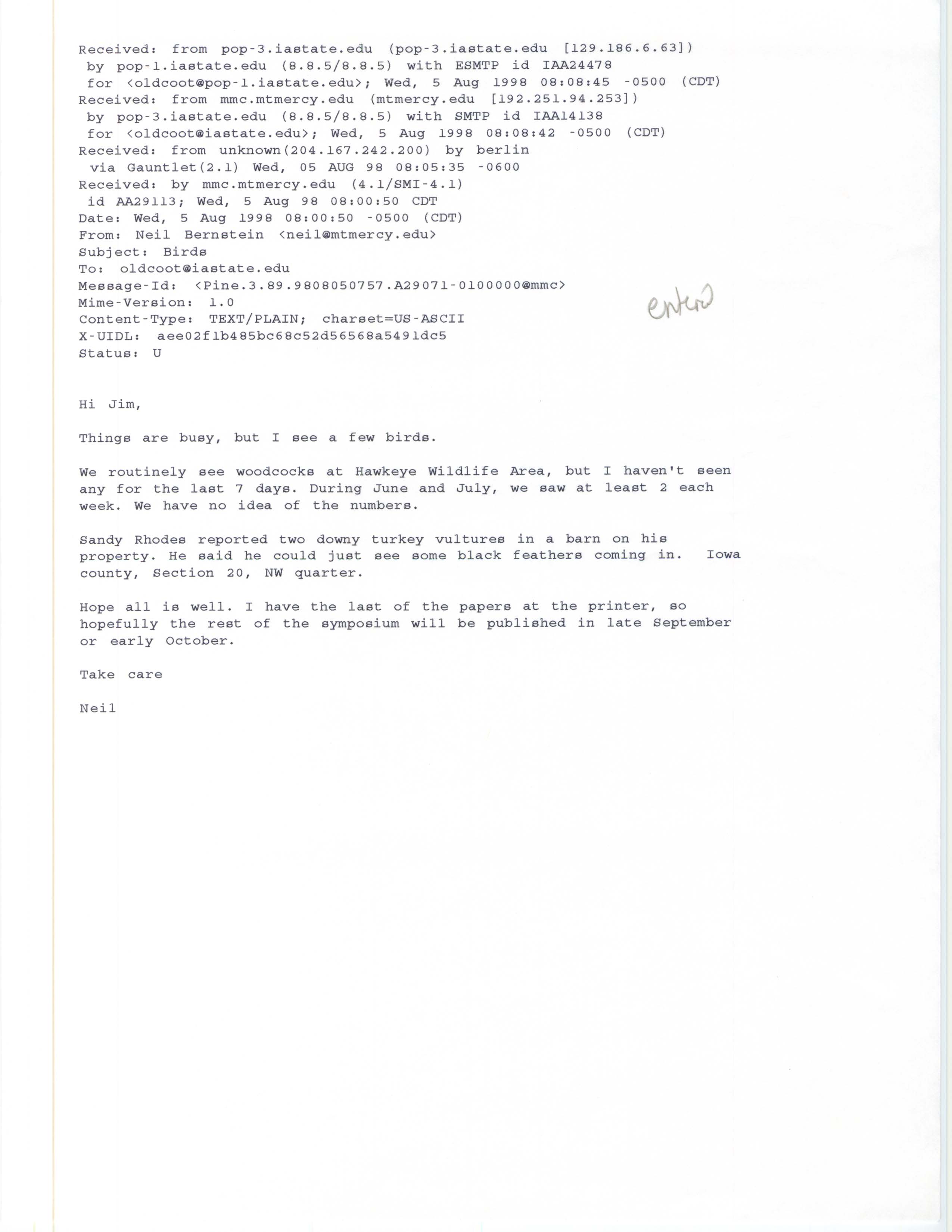Neil Bernstein email to Jim Dinsmore regarding bird sightings, August 5, 1998