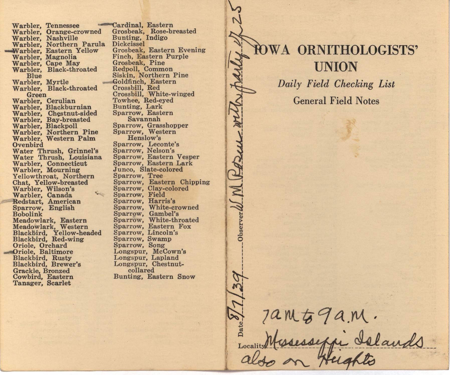 Daily field checking list by Walter Rosene, August 7, 1939