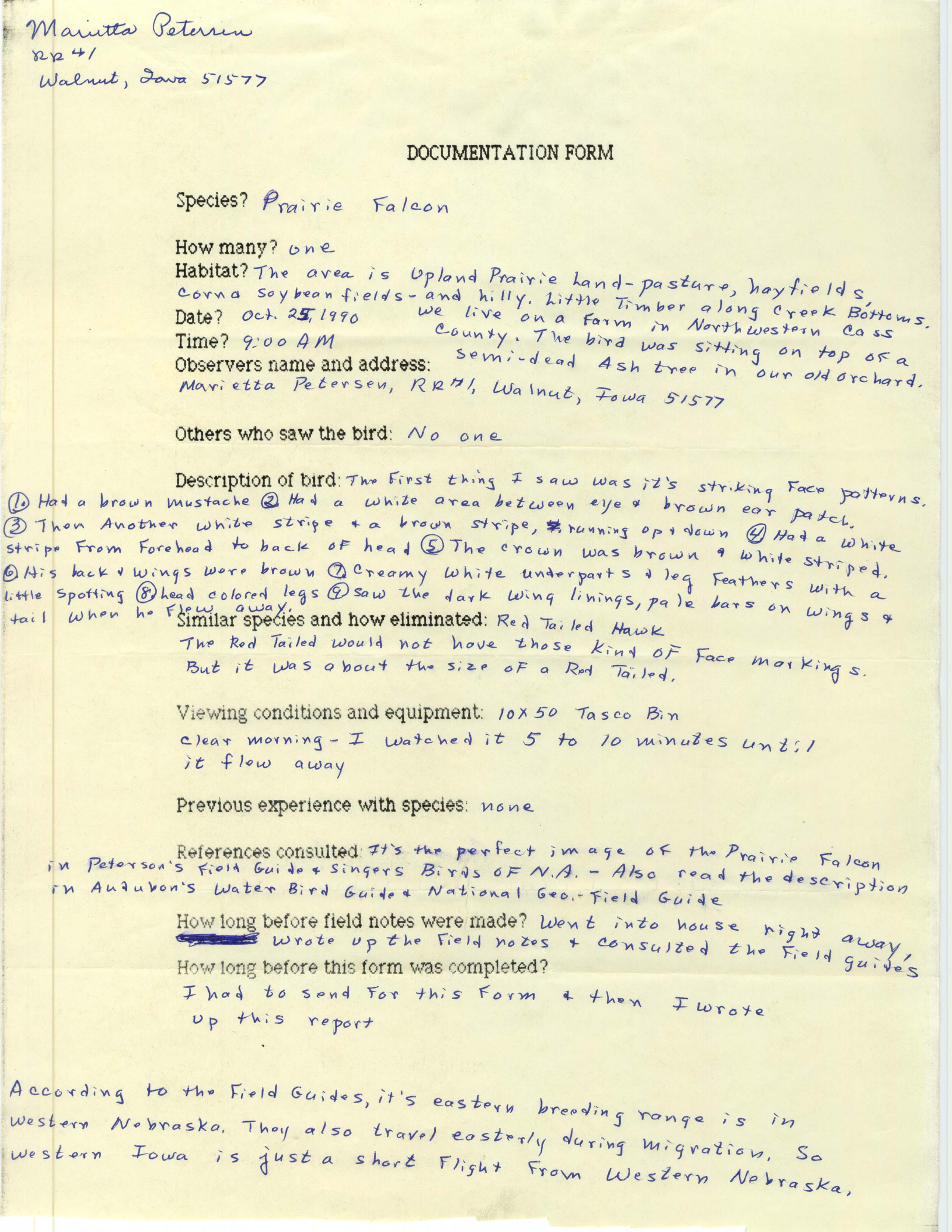 Rare bird documentation form for Prairie Falcon in Cass County east of Walnut, 1990