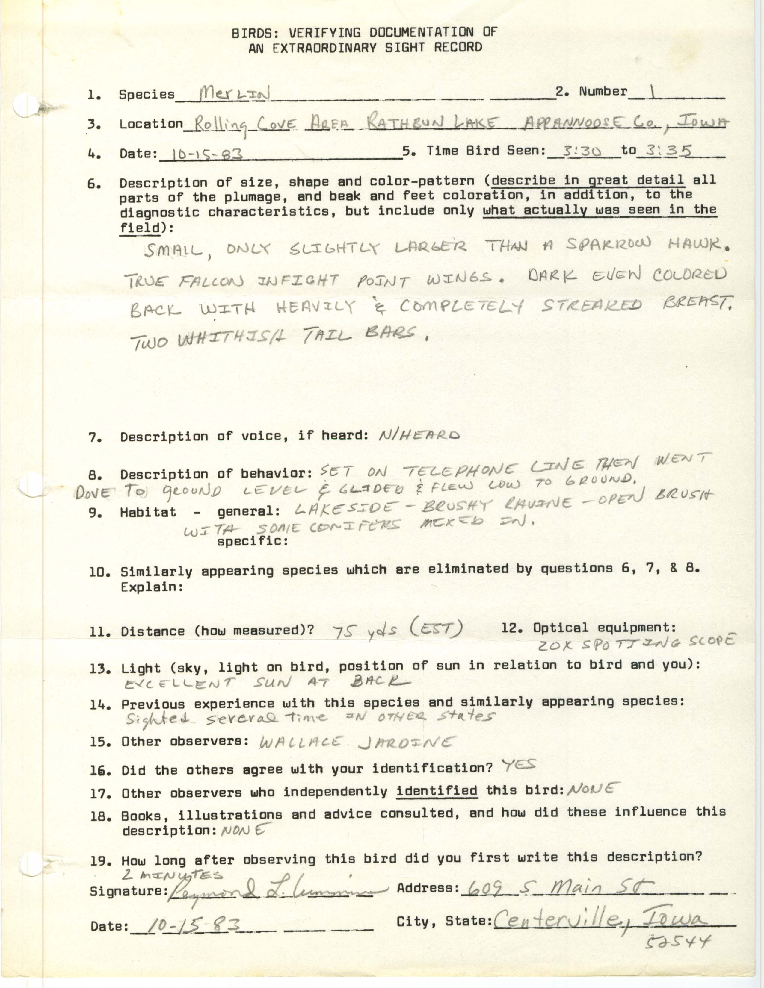 Rare bird documentation form for Merlin at Rolling Cove Area, 1983