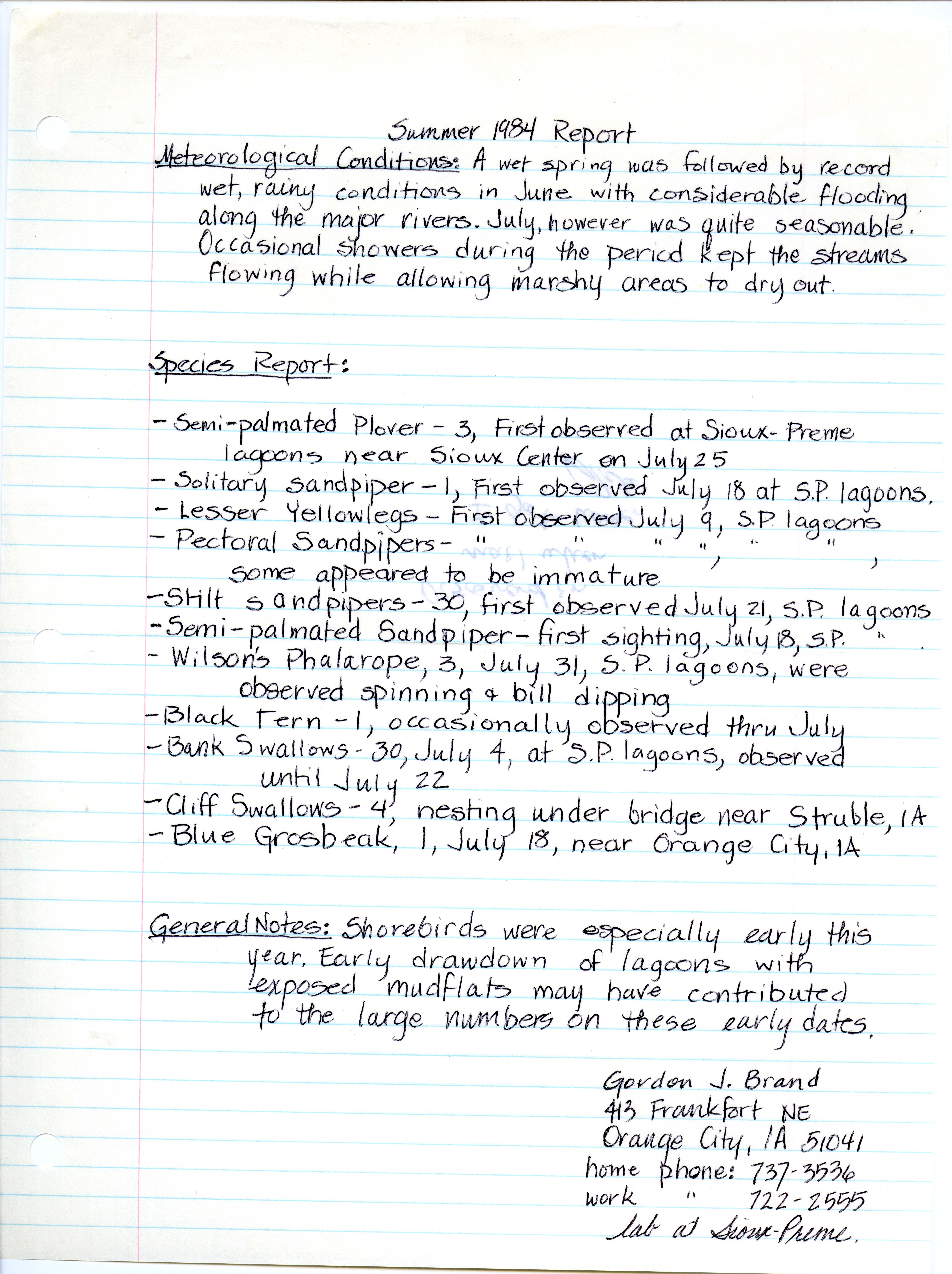 Field notes contributed by Gordon Brand, Orange City, Iowa, summer 1984
