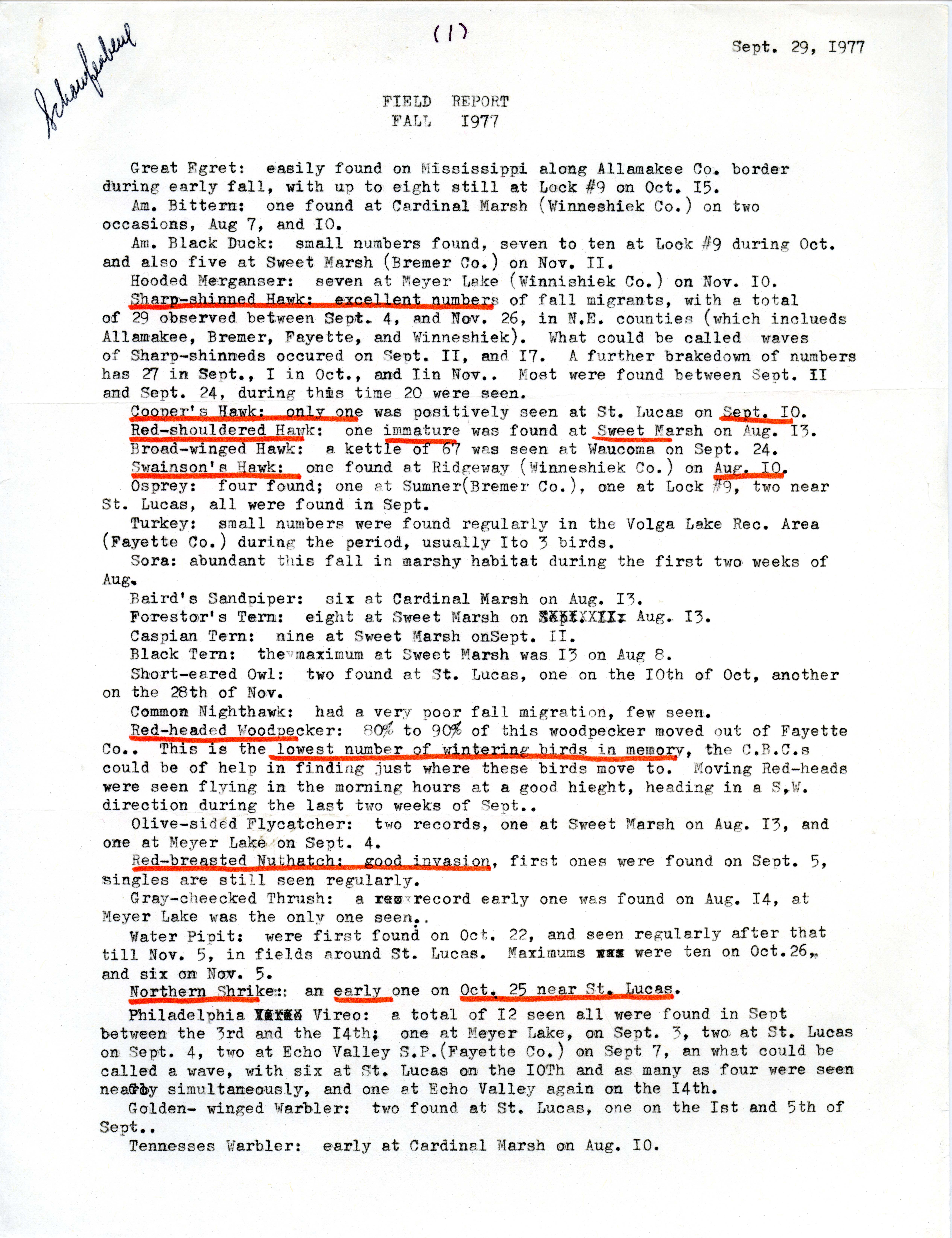 Field notes contributed by Joseph P. Schaufenbuel, September 29, 1977