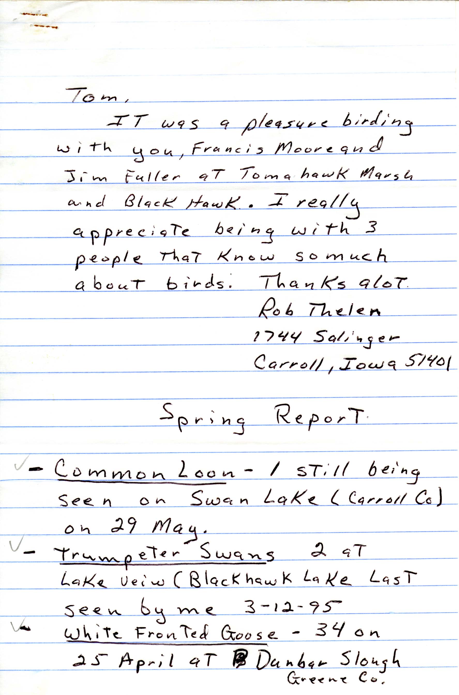 Rob Thelen letter to Thomas Kent regarding spring report, spring 1995