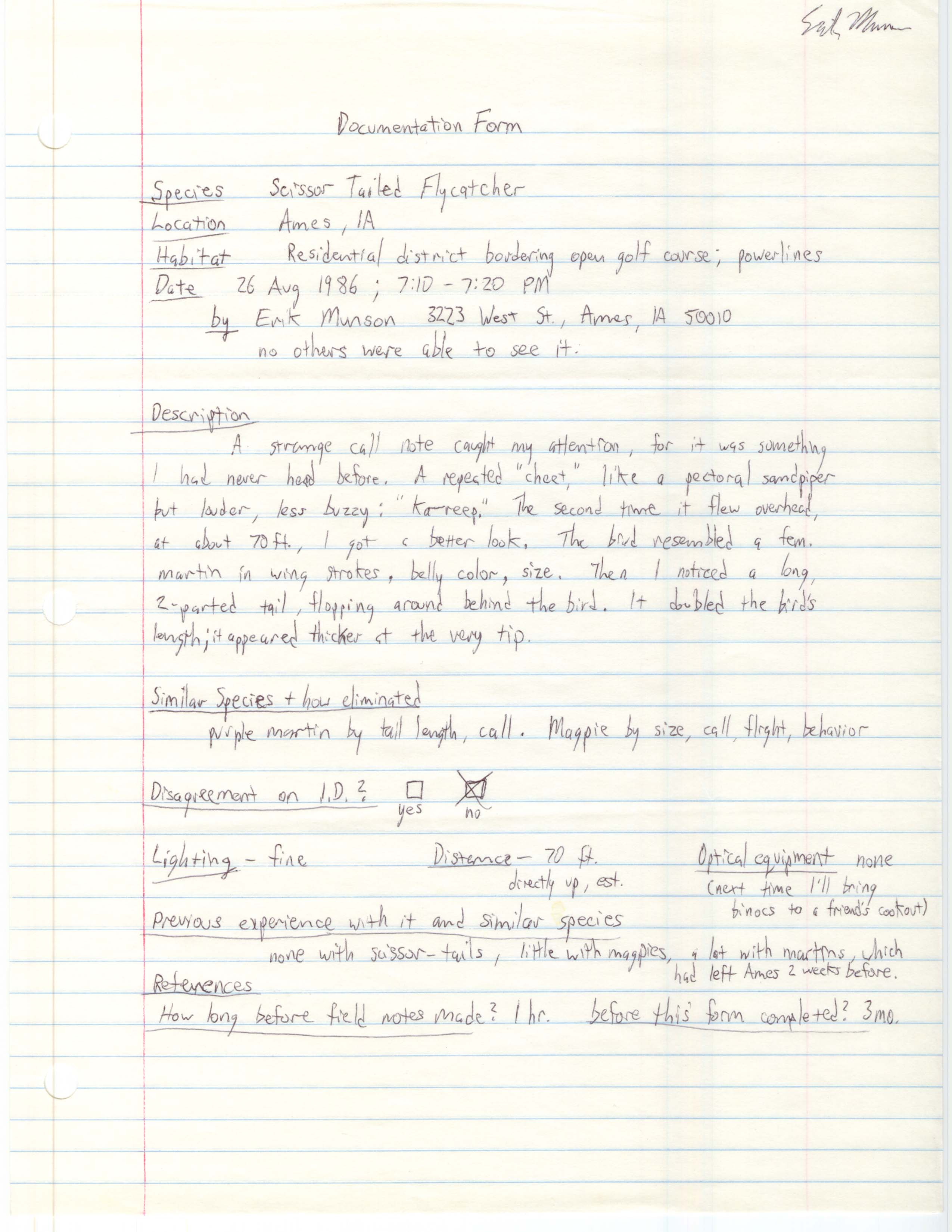 Rare bird documentation form for Scissor-tailed Flycatcher at Ames, 1986