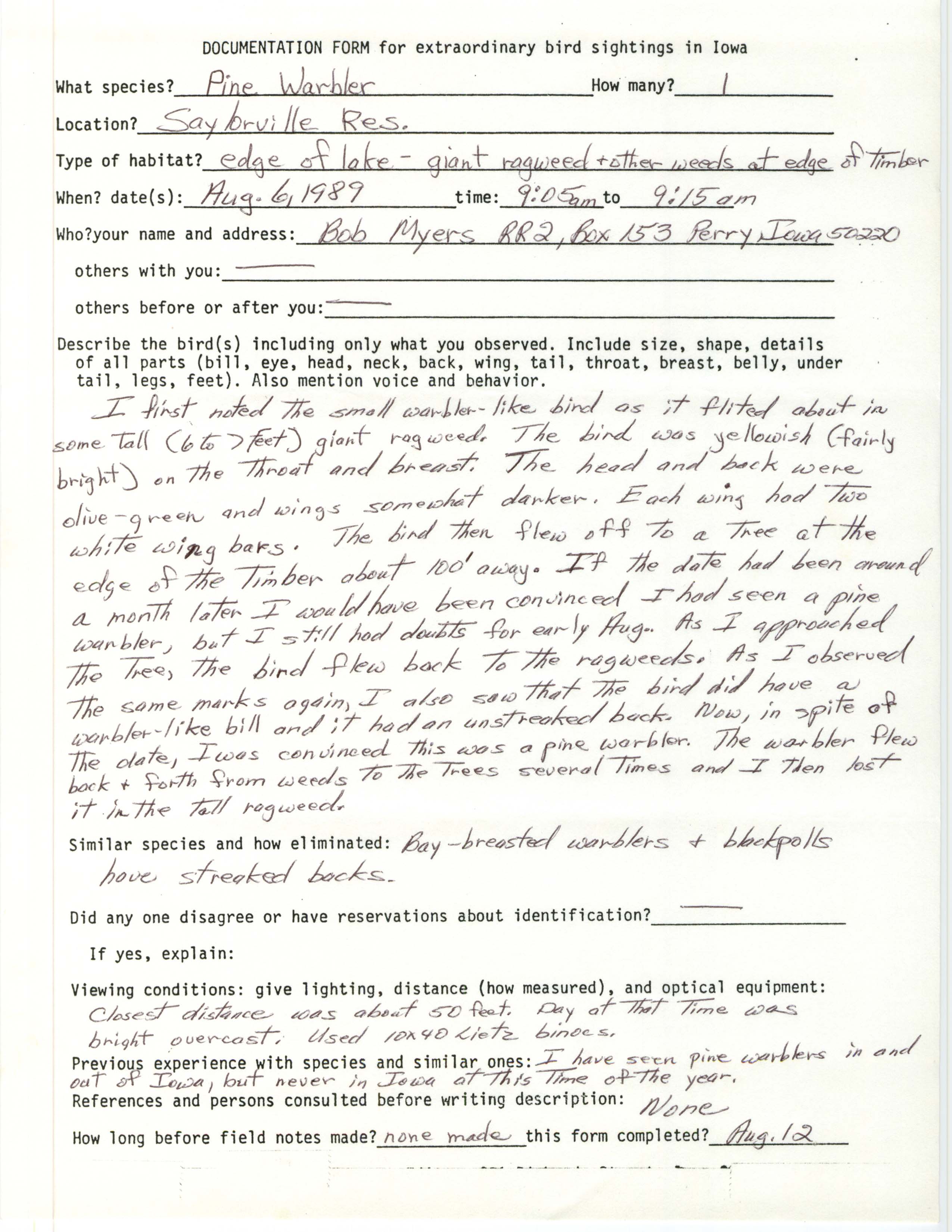 Rare bird documentation form for Pine Warbler at Saylorville Lake, 1989