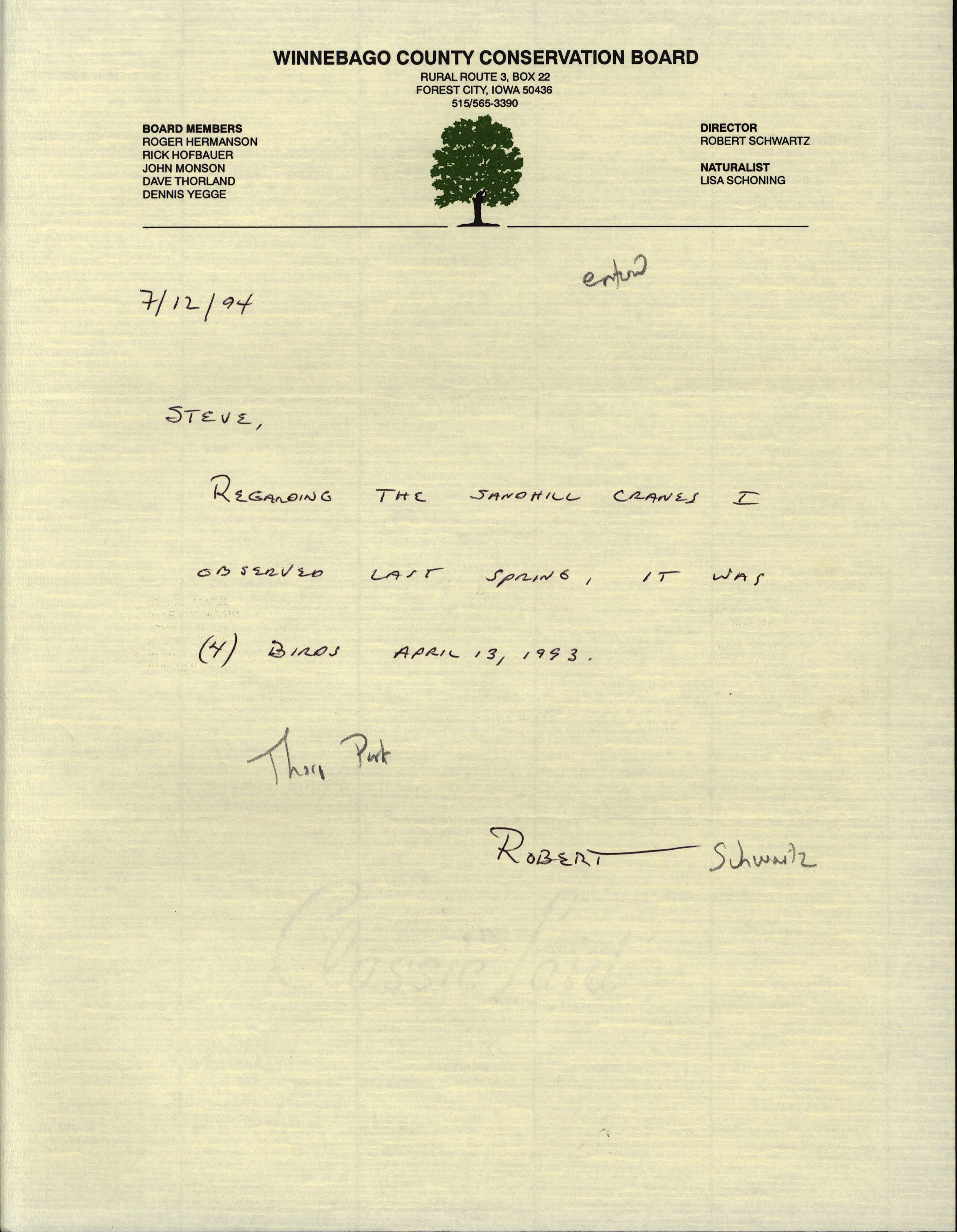 Robert Schwartz letter to Steve Dinsmore regarding Spring 1993 Sandhill Crane sighting, July 12, 1994