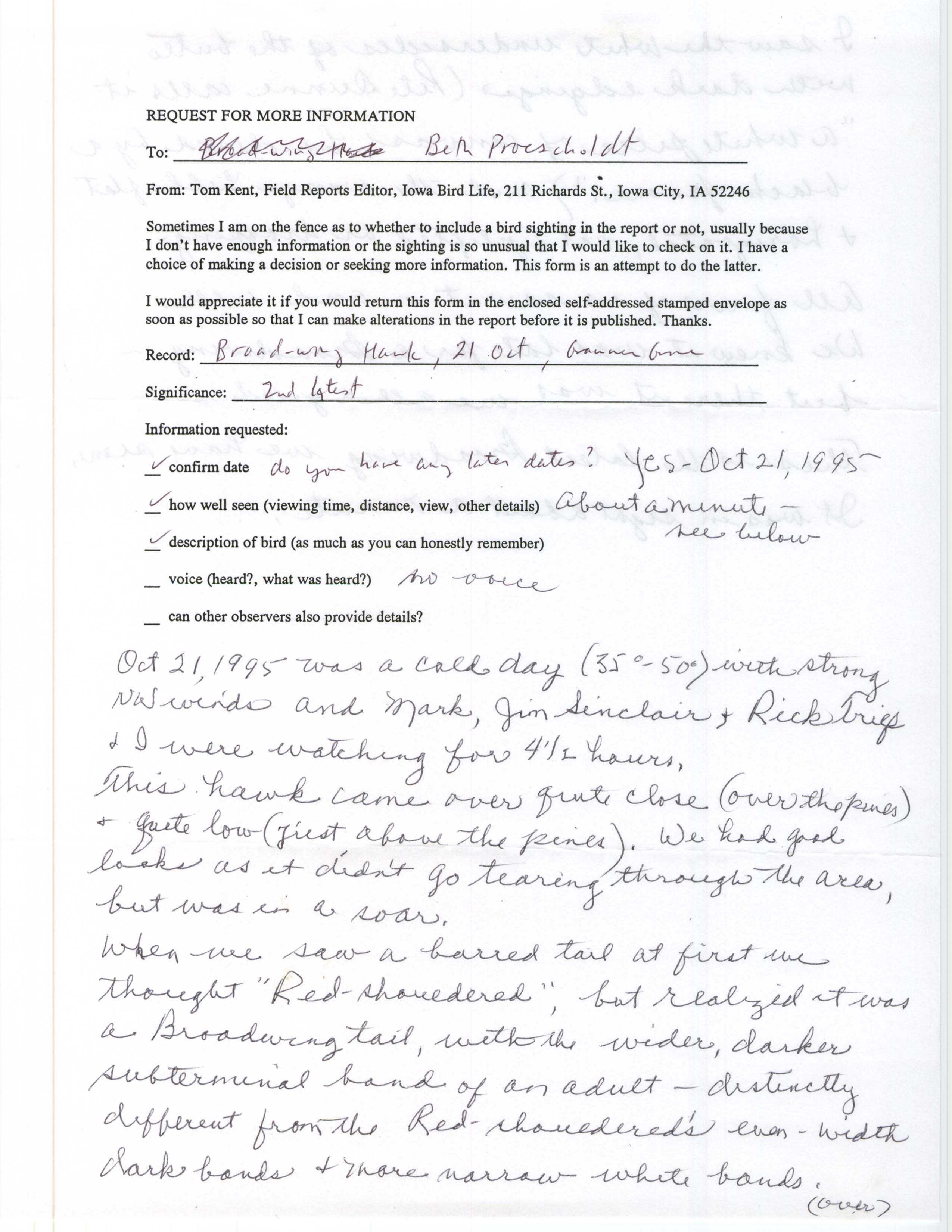Rare bird documentation form for Broad-winged Hawk at Grammer Grove, 1995