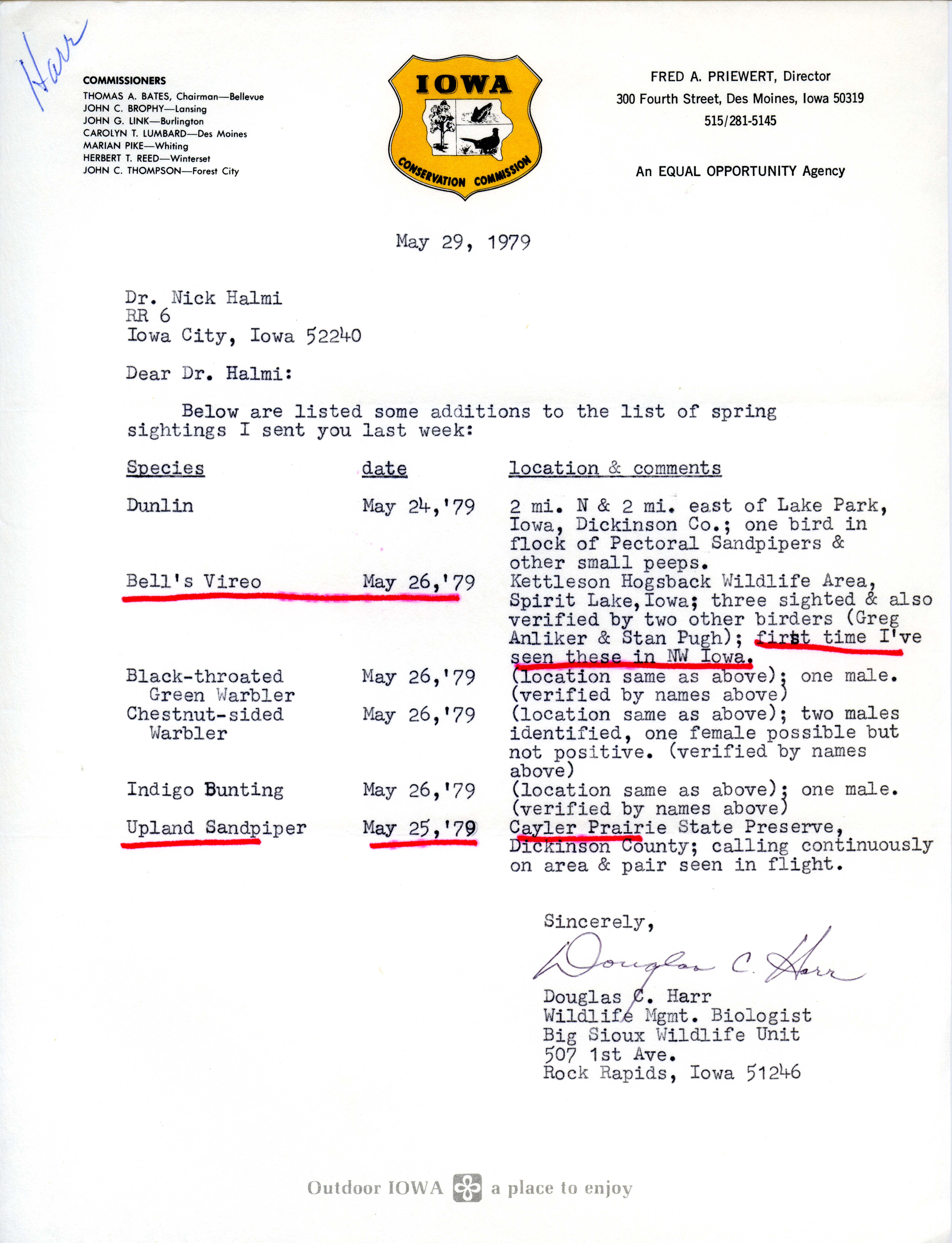 Douglas C. Harr letter to Nicholas S. Halmi regarding additional spring bird sightings, May 29, 1979