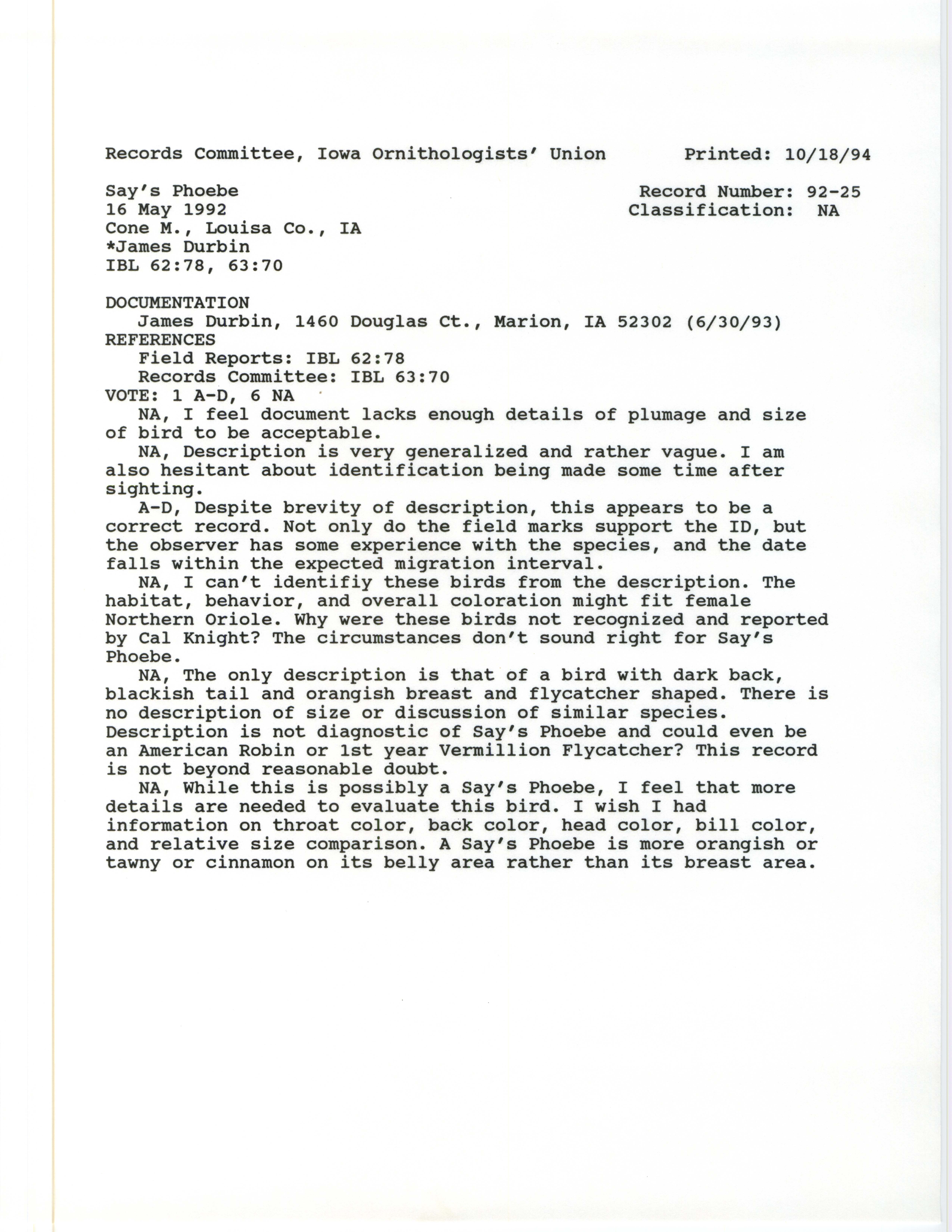 Records Committee review for rare bird sighting for Say's Phoebe at Cone Marsh, 1992