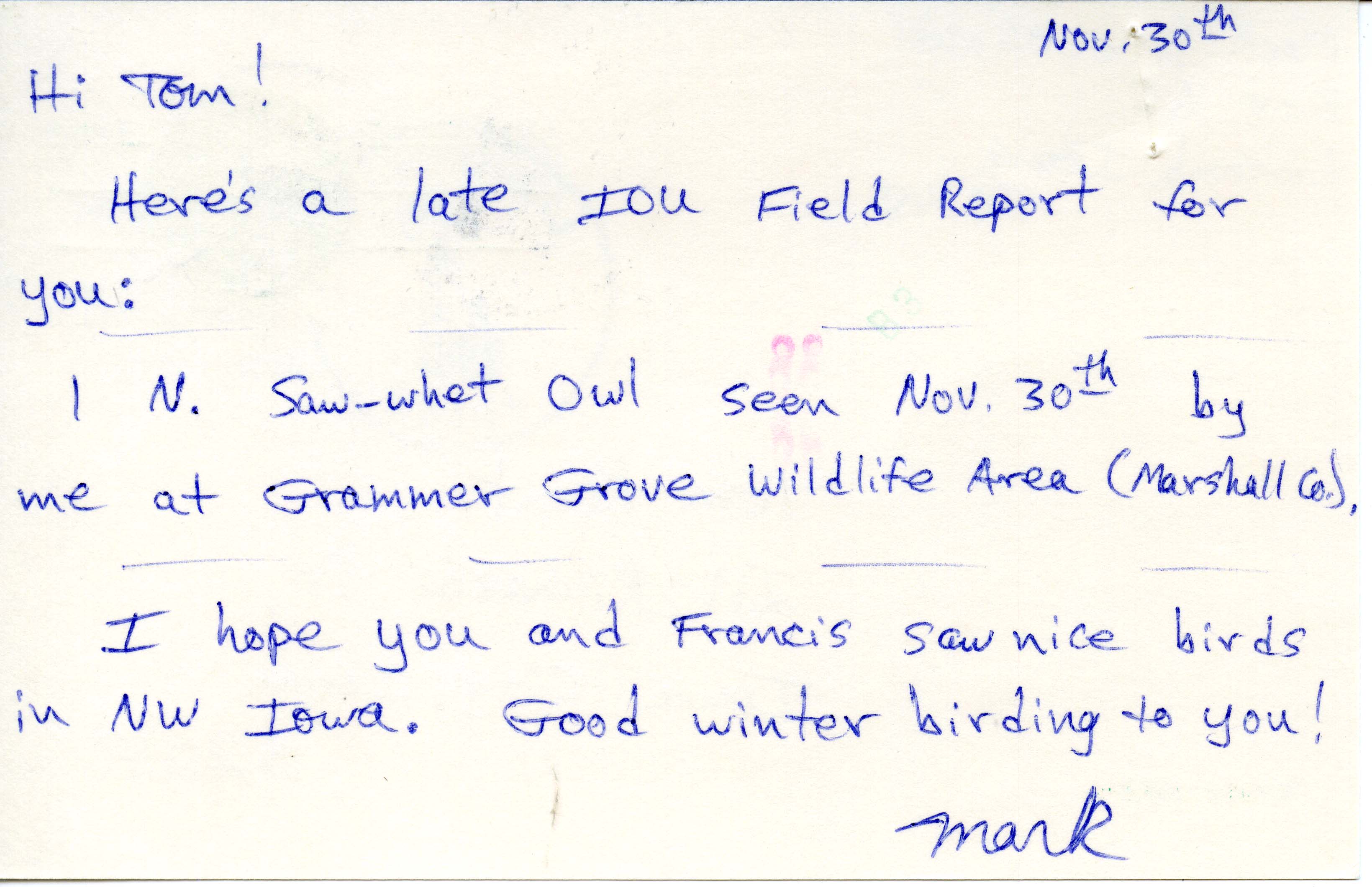 Mark Proescholdt letter to Thomas Kent regarding Saw-whet Owl sighting, November 30, 1985