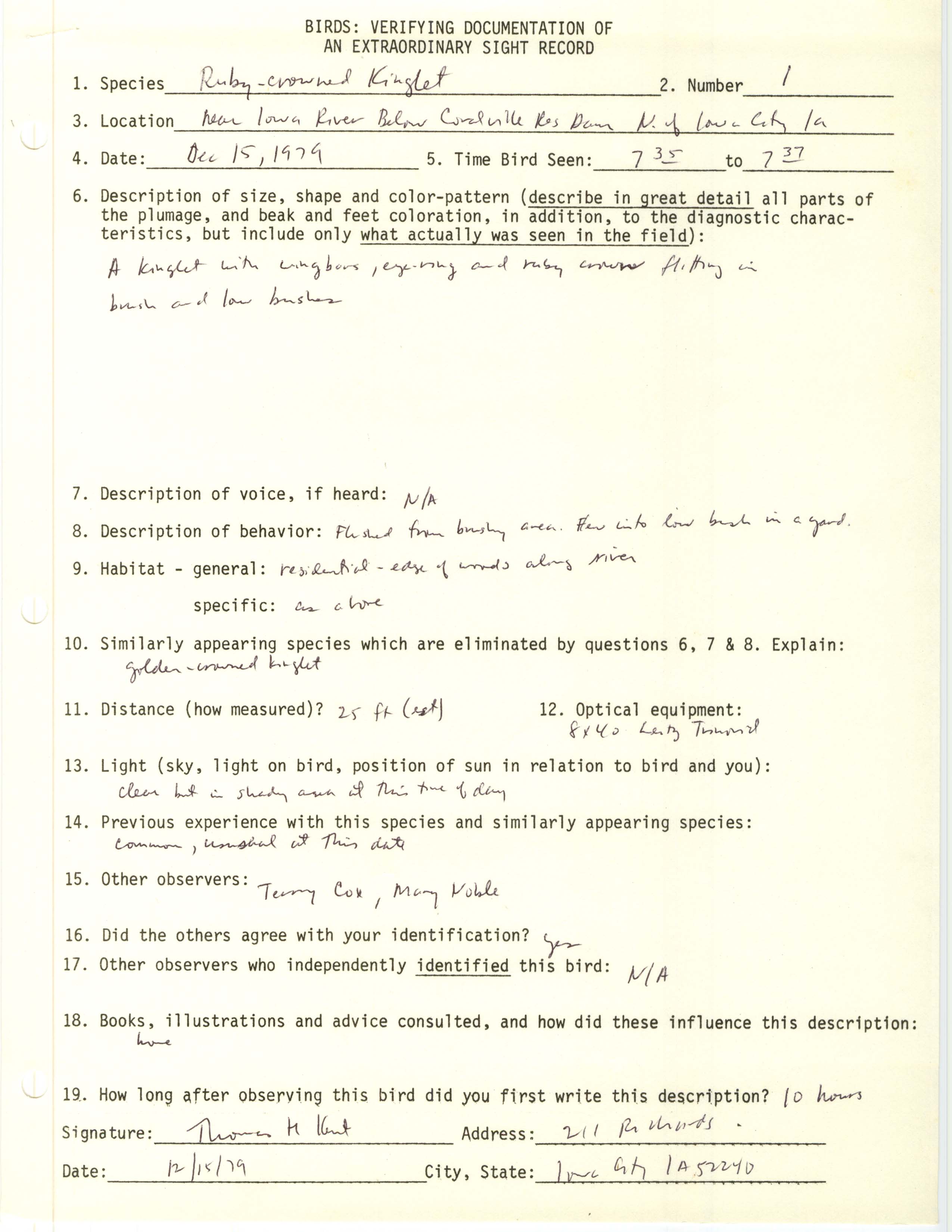 Rare bird documentation form for Ruby-crowned Kinglet at Coralville Dam, 1979