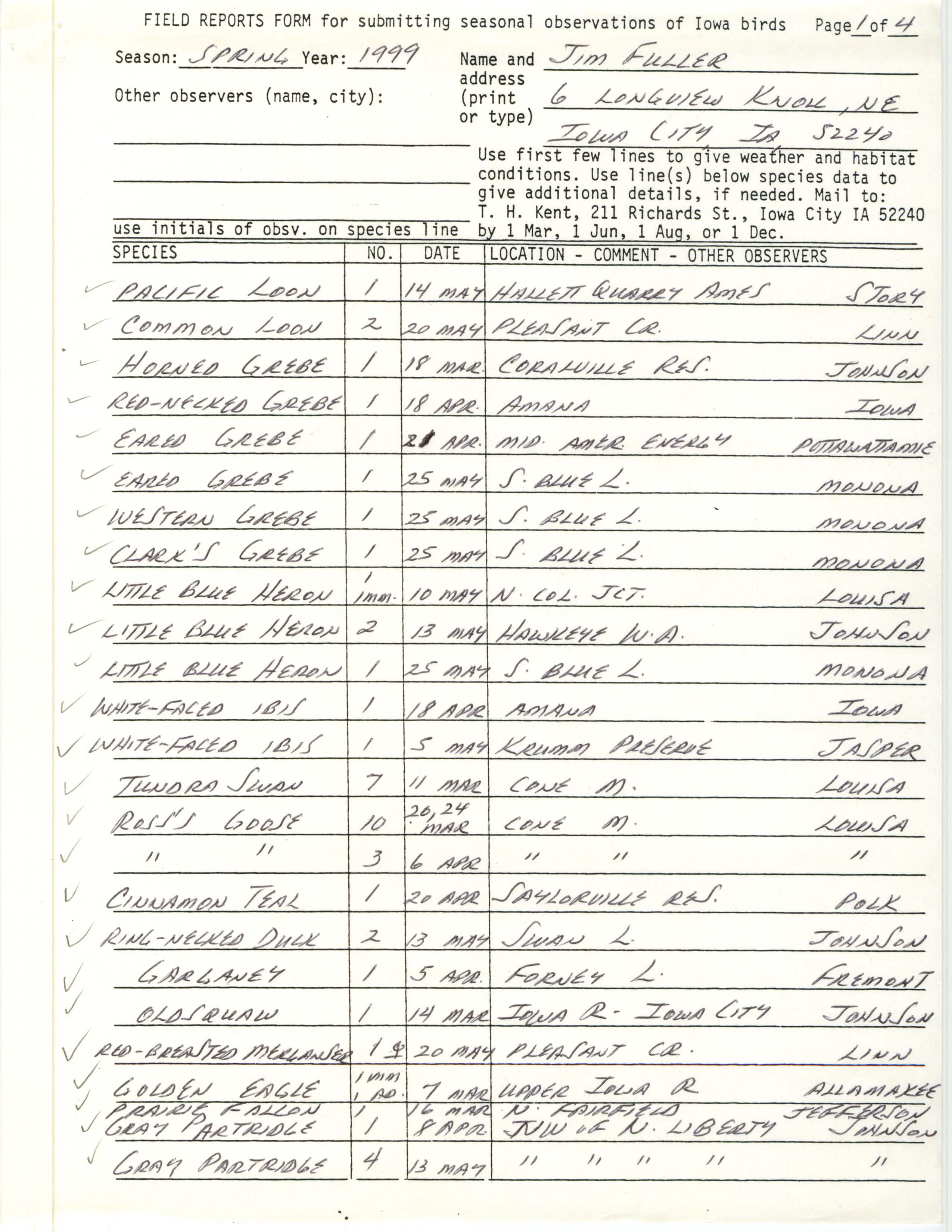 Field reports form for submitting seasonal observations of Iowa birds, Jim Fuller, spring 1999