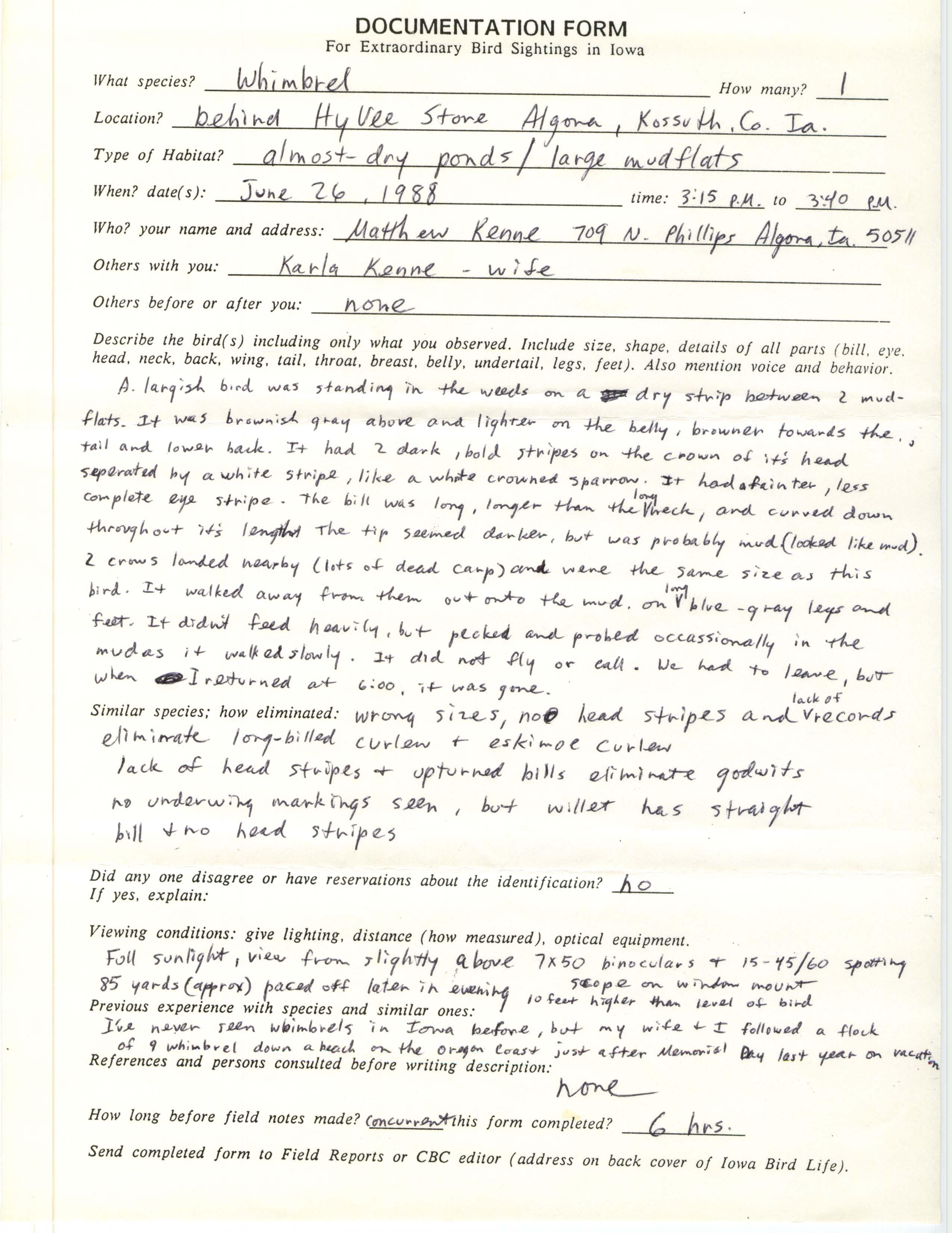Rare bird documentation form for Whimbrel at Algona, 1988